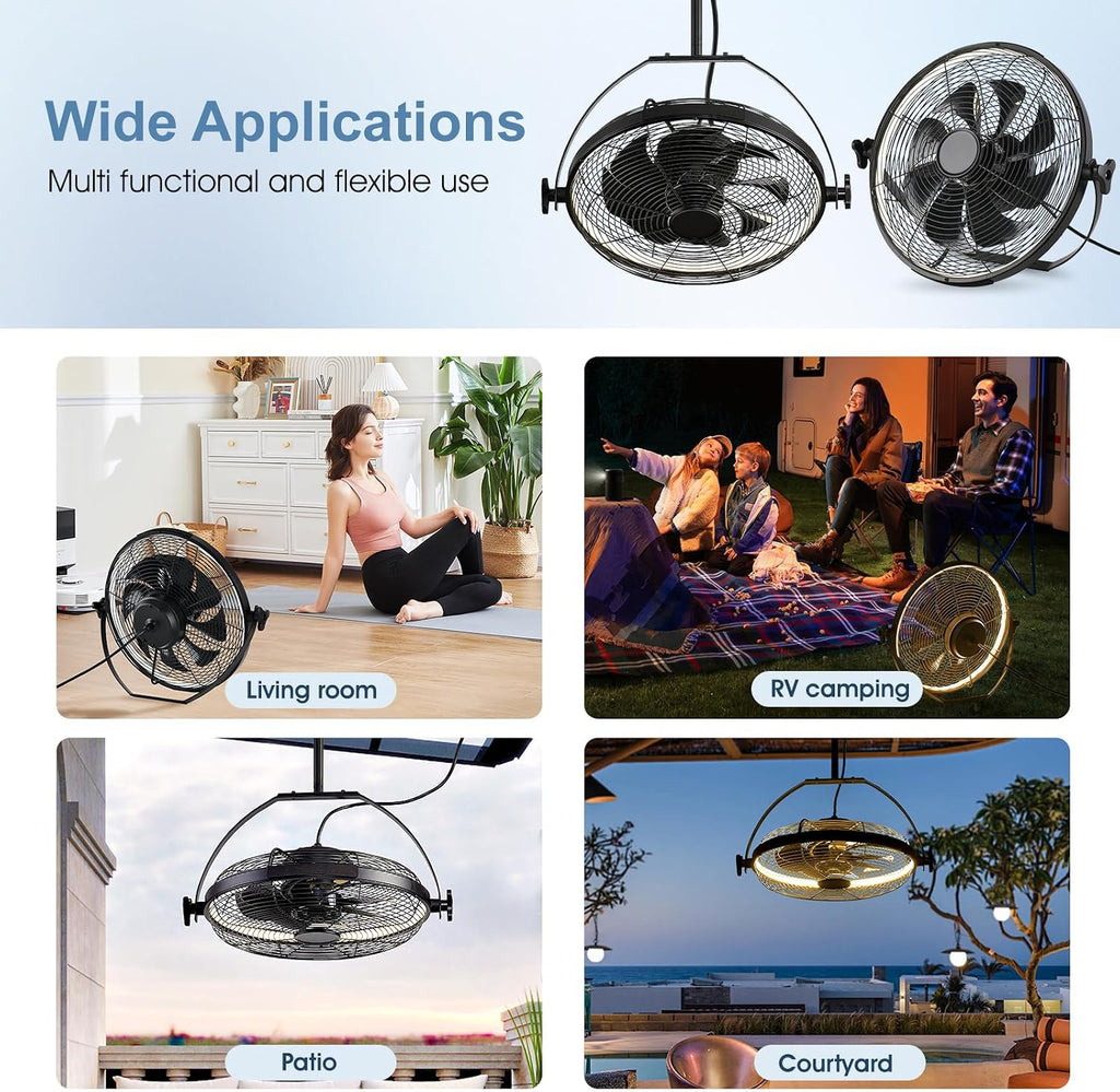 Gazebo Fans Outdoor Hanging Ceiling Fans with Lights,16' Portable Plug in Ceiling Fan,Multi-Angle Adjustable Floor Fans,Black Outdoor Ceiling Fans for Patios.