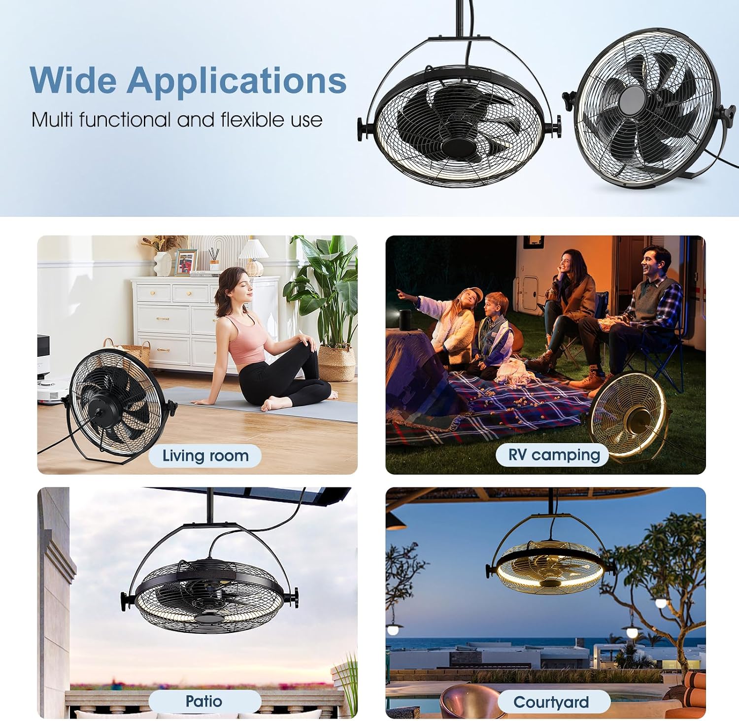 Gazebo Fans Outdoor Hanging Ceiling Fans with Lights,16' Portable Plug in Ceiling Fan,Multi-Angle Adjustable Floor Fans,Black Outdoor Ceiling Fans for Patios.