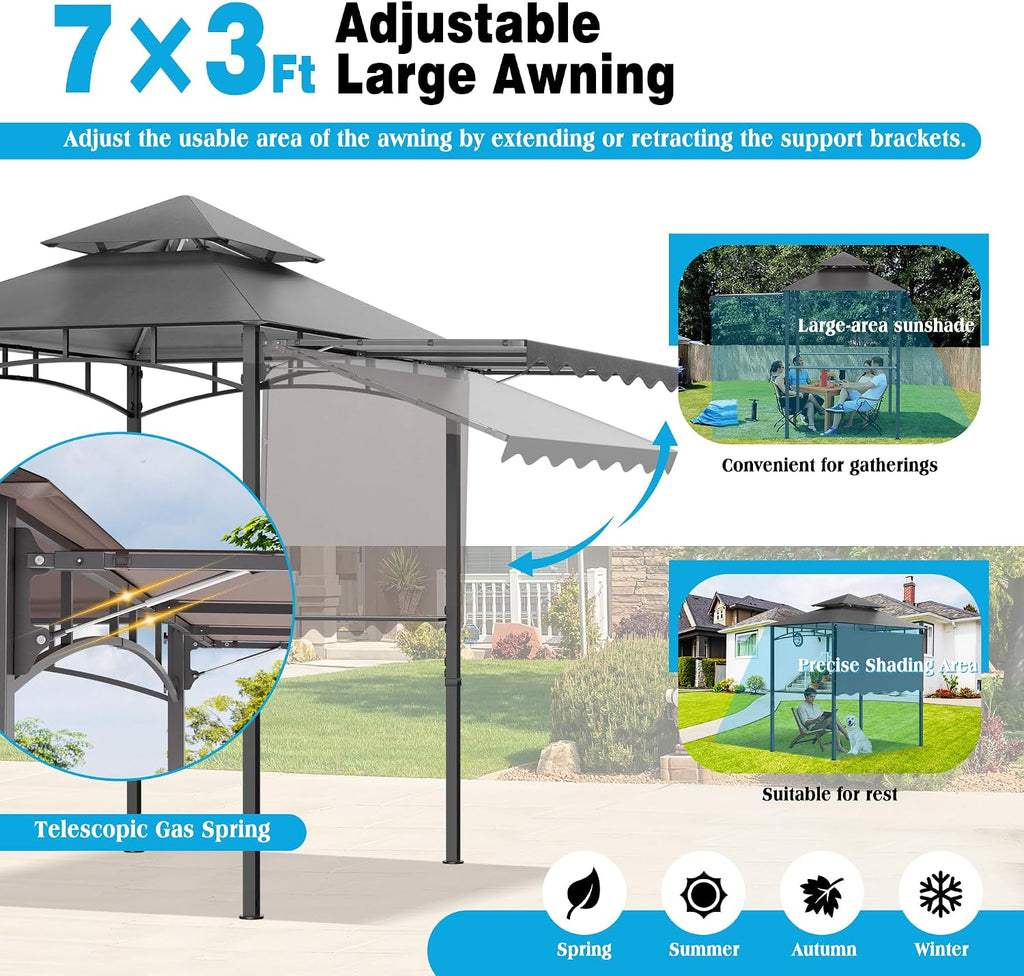 TITIMO 8'x 8' x 7.8' Double Tiered Grill Gazebo with Side Awning,Outdoor Patio BBQ Pergola, Heavy-Duty Metal Frame Canopy Tent with Side Shelves,Hooks,Bottle Opener for Lawn Deck and Garden (Gray)