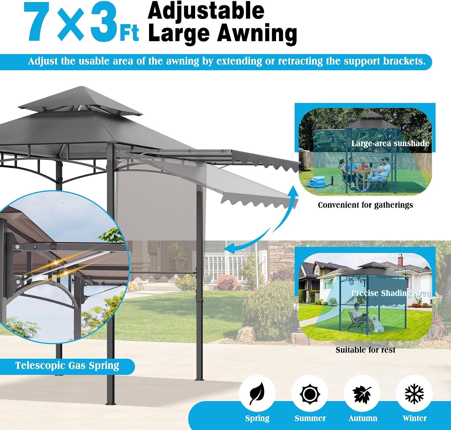 TITIMO 8'x 8' x 7.8' Double Tiered Grill Gazebo with Side Awning,Outdoor Patio BBQ Pergola, Heavy-Duty Metal Frame Canopy Tent with Side Shelves,Hooks,Bottle Opener for Lawn Deck and Garden (Gray)