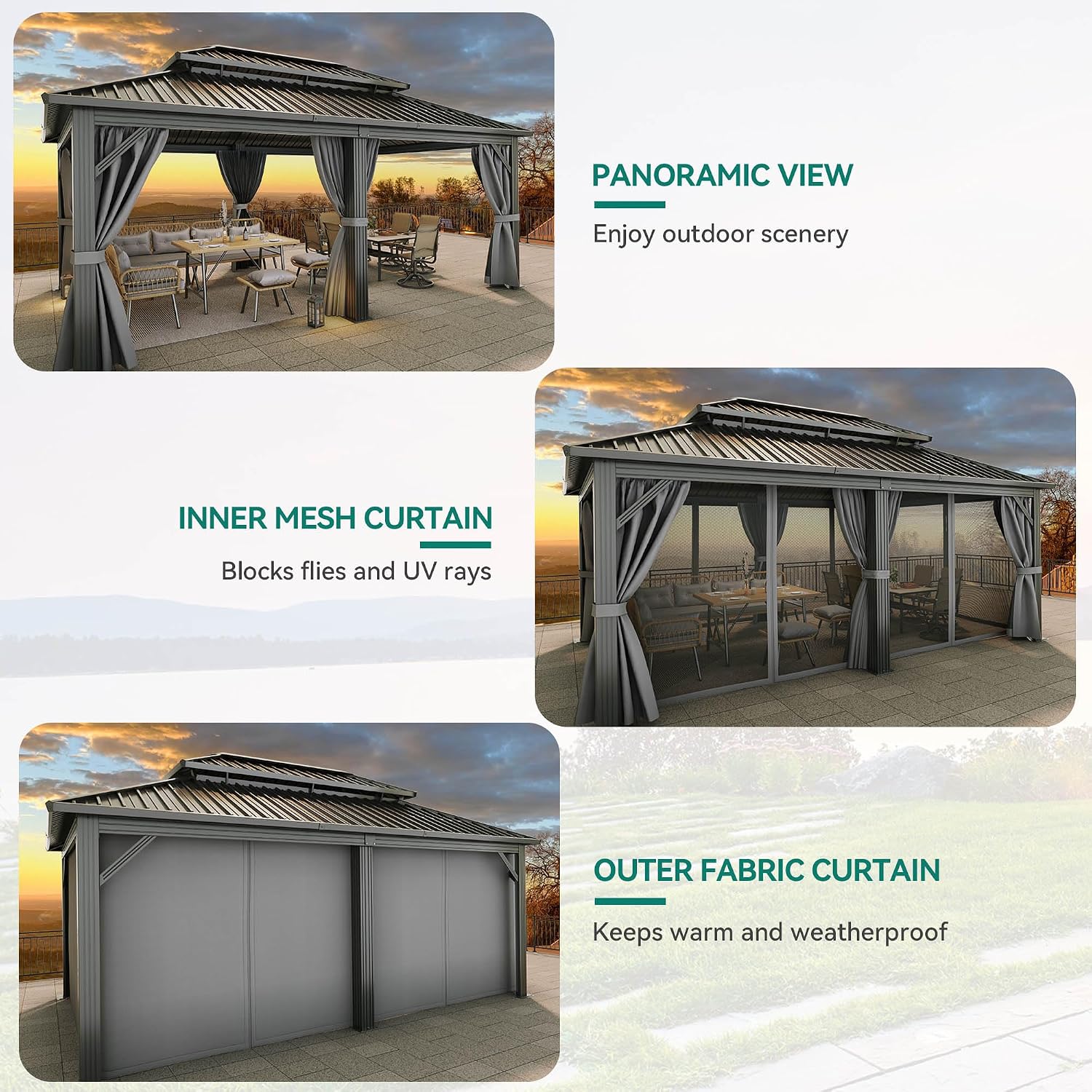 YITAHOME 12X18FT Metal Hardtop Gazebo Double Roof Canopy Galvanized Iron Aluminum Garden Gazebo Curtains Netting for Patios Backyards Decks Lawns