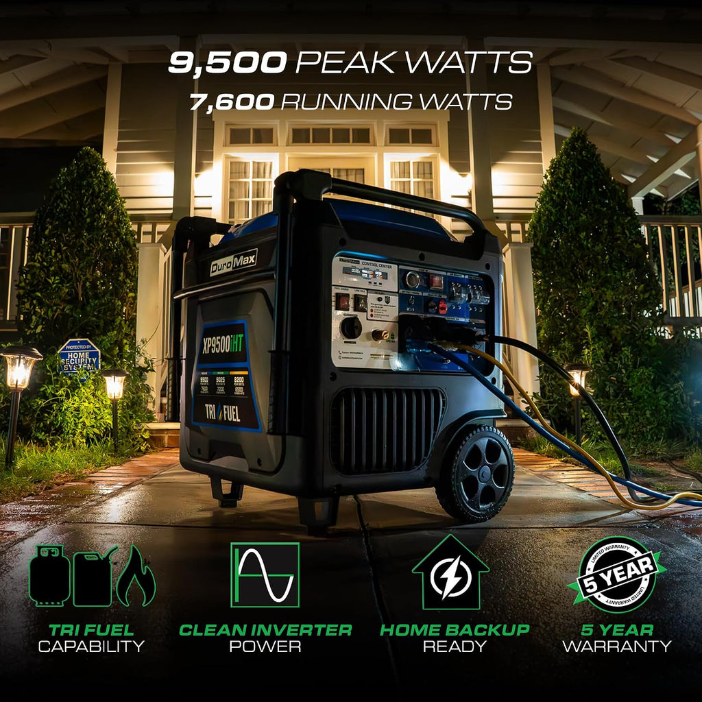 DuroMax XP9500iHT 9,500-Watt Tri Fuel Portable Digital Inverter Generator - Gas, Propane & Natural Gas, Remote Electric Start, Whole Home Power Backup, Transfer Switch Ready, RV & Emergency Ready