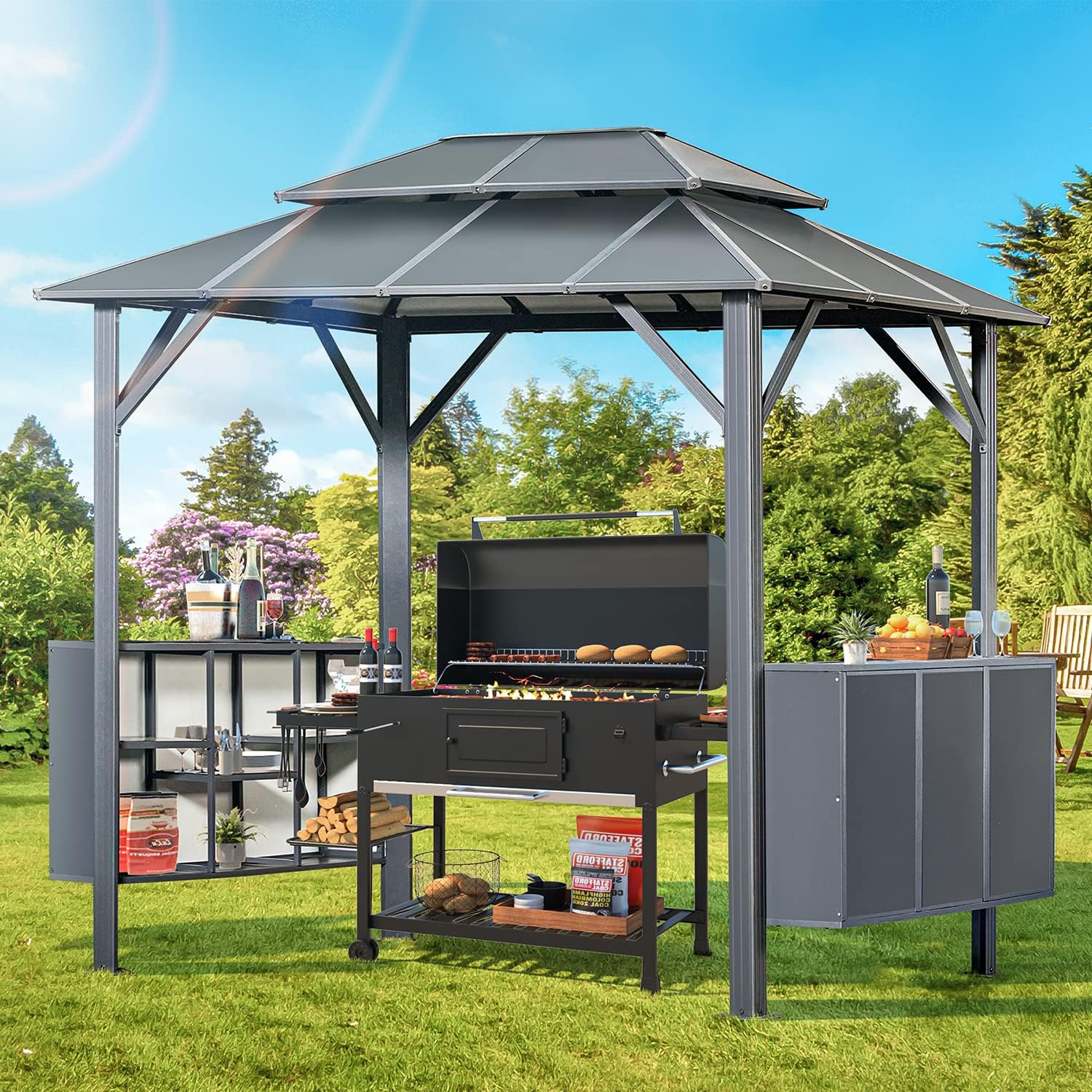 MELLCOM Grill Gazebo 8 x 6 FT Permanent Outdoor Aluminum Patio Gazebo with Aluminum Composite Double Roof for Patio Lawn and Garden with Ceiling Hooks and Shelves