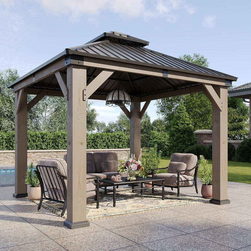 Aoxun 10' x 10' Outdoor Wood Gazebo, Hardtop Gazebo Permanent Wooden Pavilion with Galvanized Steel Double Roof, for Patio, Garden, Deck, Cedar Wood, Grey