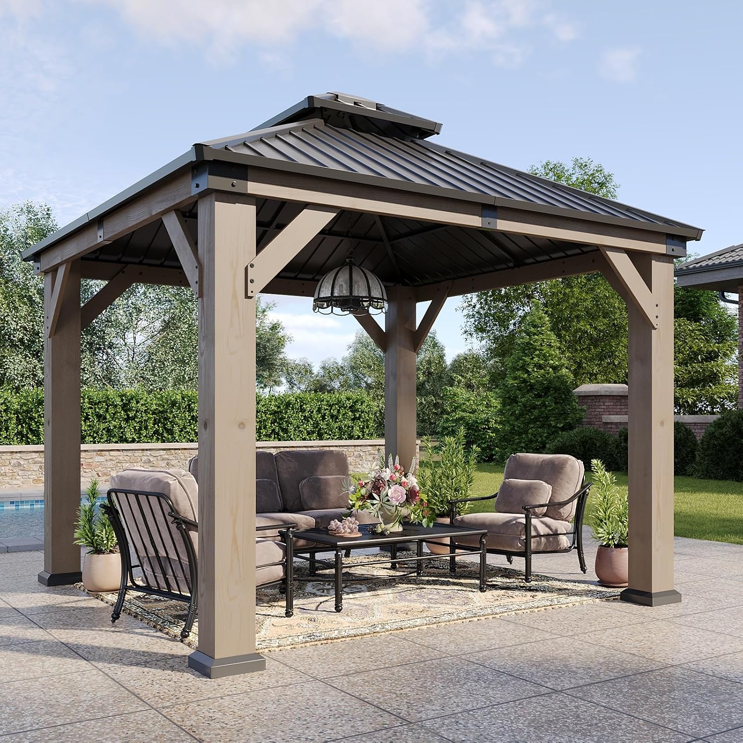 Aoxun 10' x 10' Outdoor Wood Gazebo, Hardtop Gazebo Permanent Wooden Pavilion with Galvanized Steel Double Roof, for Patio, Garden, Deck, Cedar Wood, Grey