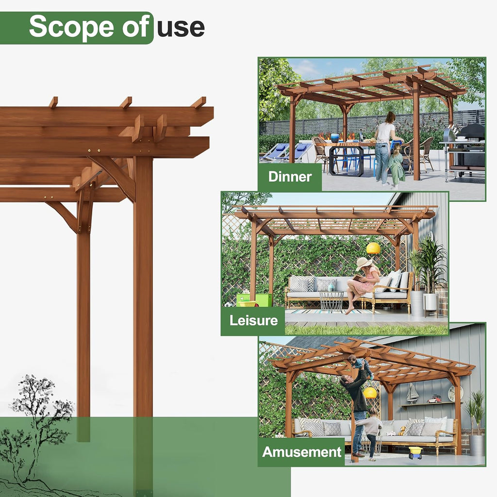 12' x 10' Outdoor Wood Pergola, Wooden Patio Pergola Gazebo Sunshade for Climbing Plant Support, Garden, Patio, Backyard, Deck, Brown