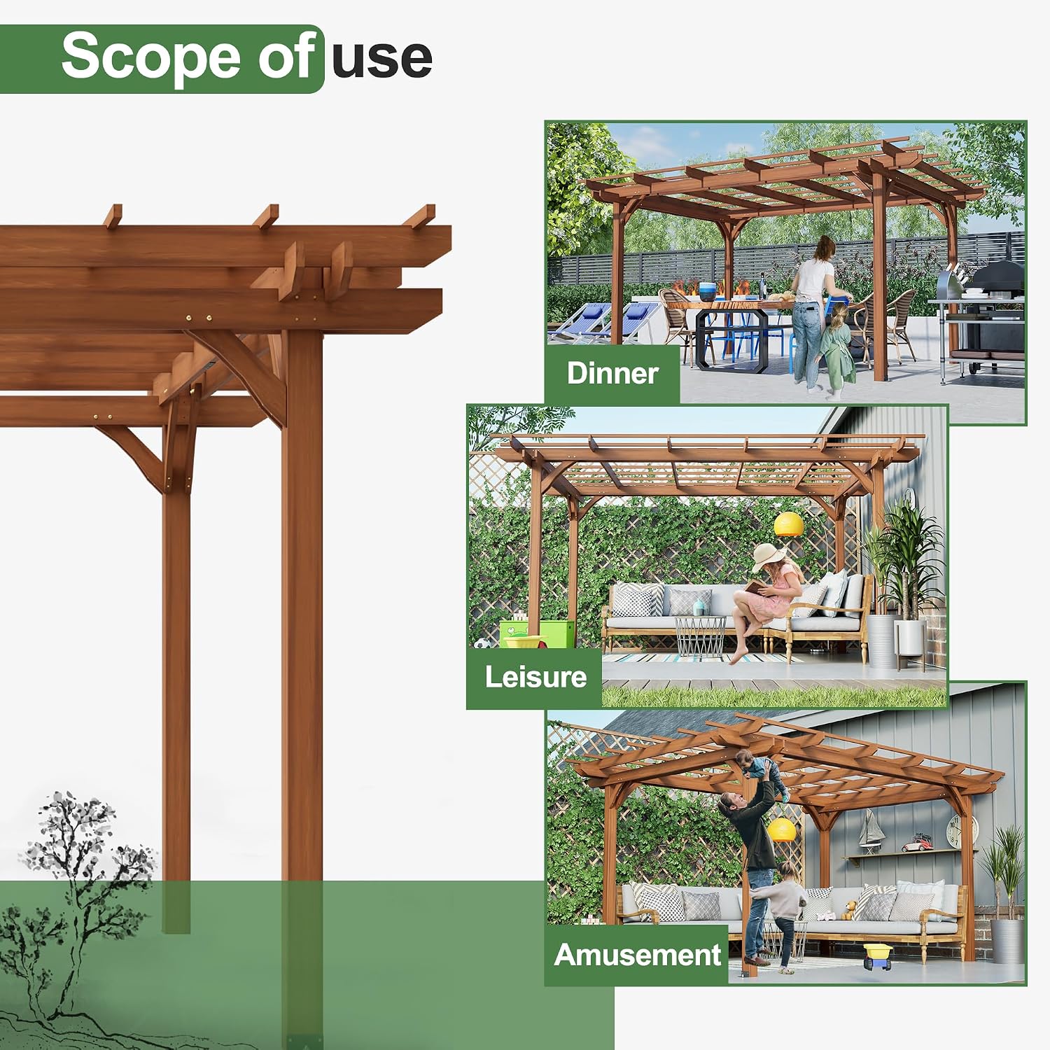 Outdoor Patio Gazebo 10X12FT Wooden Pergola100% Sturdy Solid Wood Outdoor Gazebo for Backyard,Backyard, Deck, Lawn Patio Pergola Waterproof & Windproof Outdoor Garden Shelter for Year-Round Use