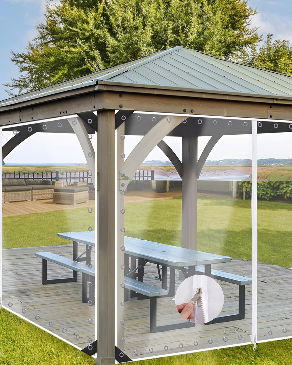 8'H x15'W Outdoor Vinyl Curtain 19oz Clear Tarps with Zipper,Vinyl Patio Enclosure,Outdoor Curtains Heavy Duty Waterproof Transparent Tarp with Grommets for Gazebo Porch Balcony Pergola
