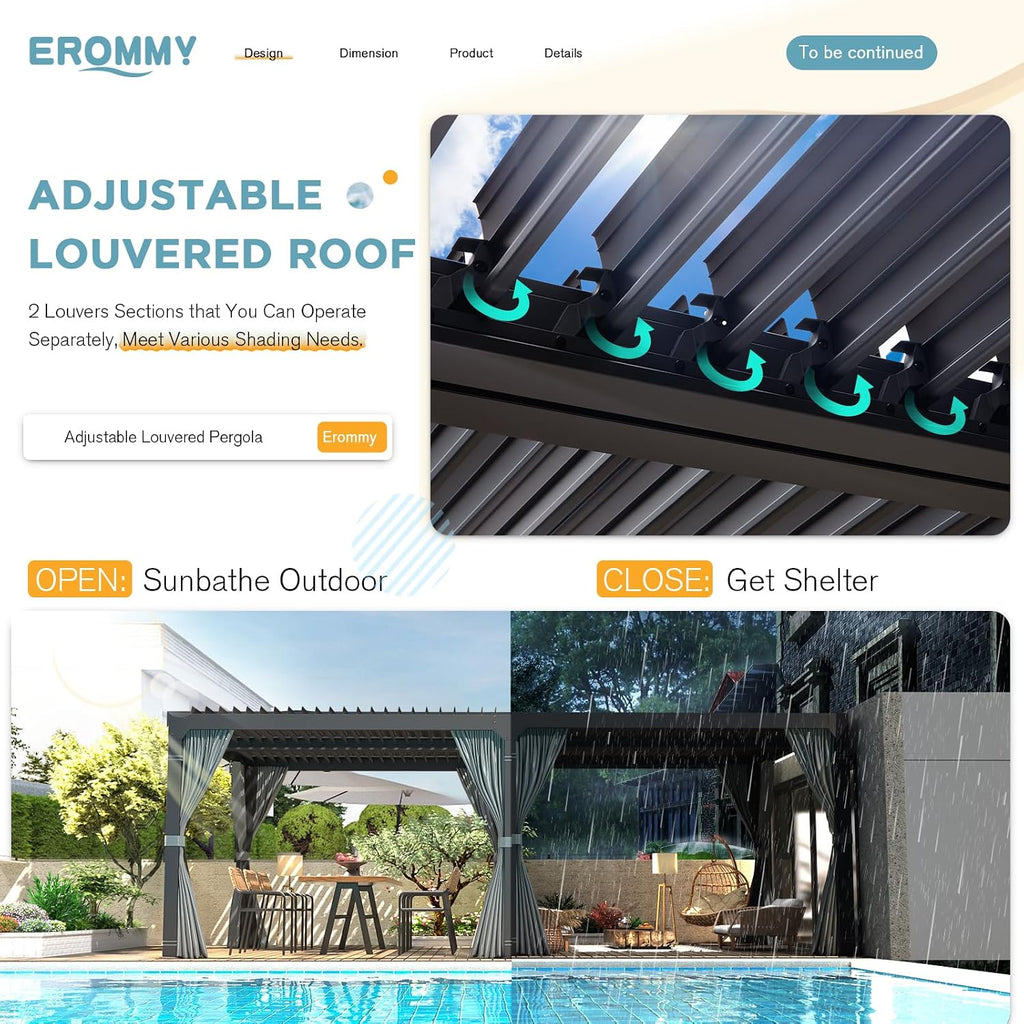 EROMMY Louvered Pergola 10x20, Outdoor Aluminum Pergola with Adjustable Rainproof Roof for Garden, Patio, Deck, Waterproof Curtains and Netting Included, Gray-Black