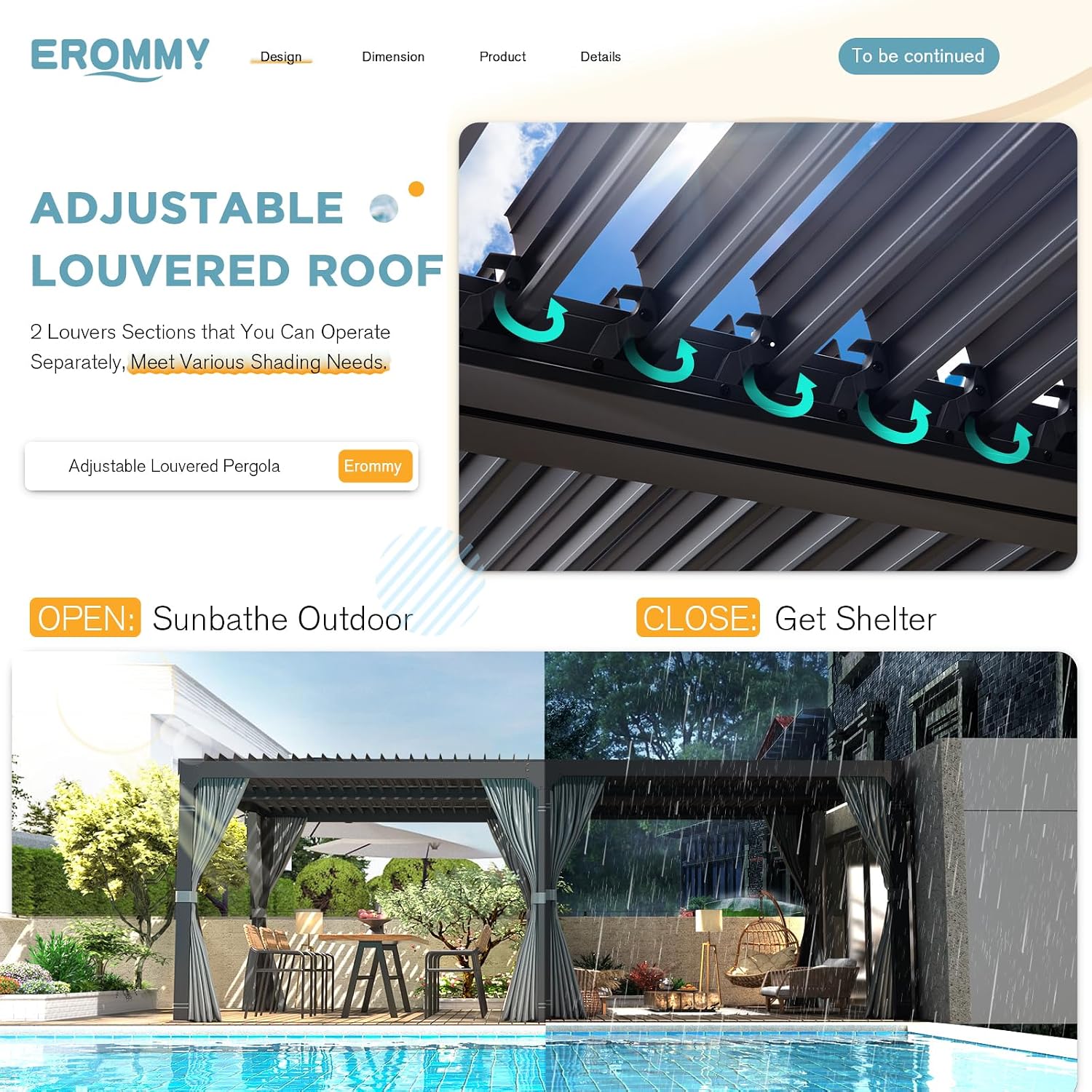 EROMMY Louvered Pergola 10x20, Outdoor Aluminum Pergola with Adjustable Rainproof Roof for Garden, Patio, Deck, Waterproof Curtains and Netting Included, Gray-Black