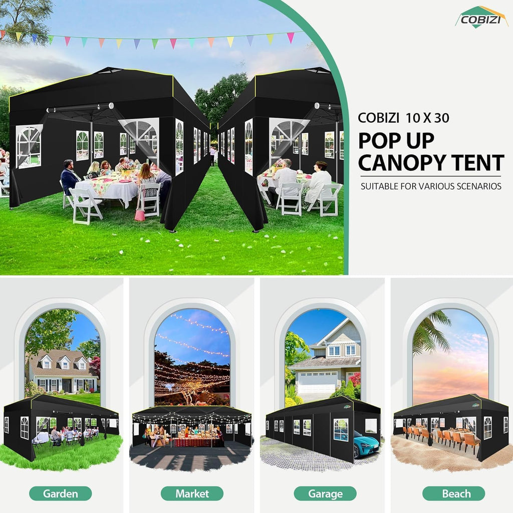 COBIZI 10x30 Pop Up Canopy with Sidewalls, One Push Easy Up Canopy UPF 50+ Waterproof Gazebo Party Tents for Parties, Backyard, Commercial Event, Black