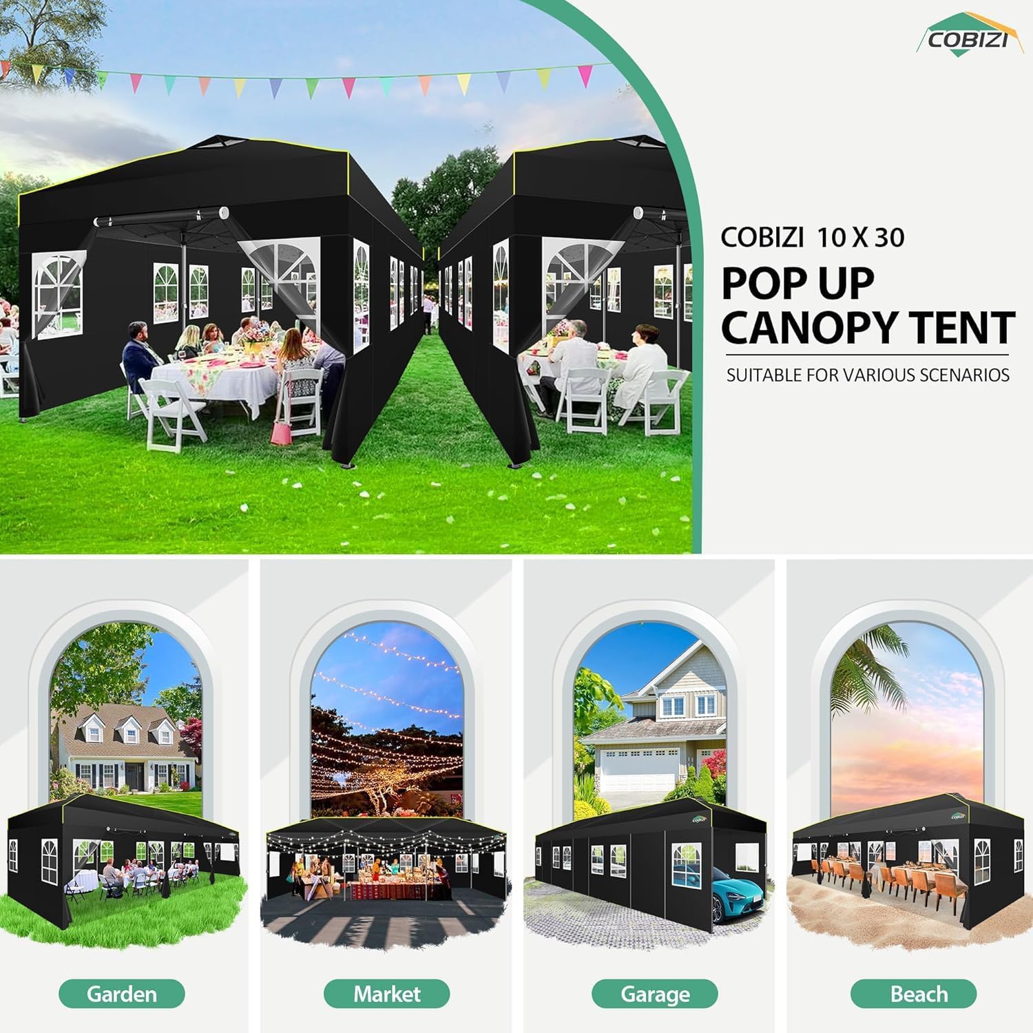 COBIZI 10x30 Pop Up Canopy with Sidewalls, One Push Easy Up Canopy UPF 50+ Waterproof Gazebo Party Tents for Parties, Backyard, Commercial Event, Black