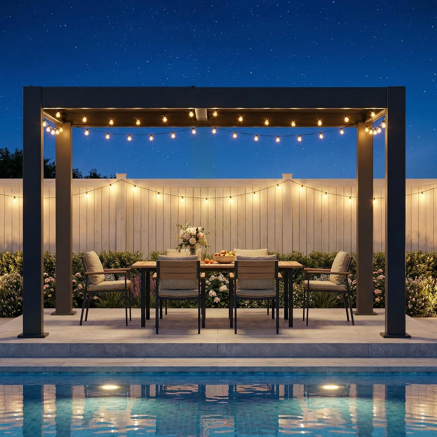 10'×10' Outdoor Louvered Pergola with Clear String Lights, Aluminum Outdoor Louvered Pergola Patio with Adjustable Roof for Outdoor Deck, Backyard, Garden (10x10FT with Light)