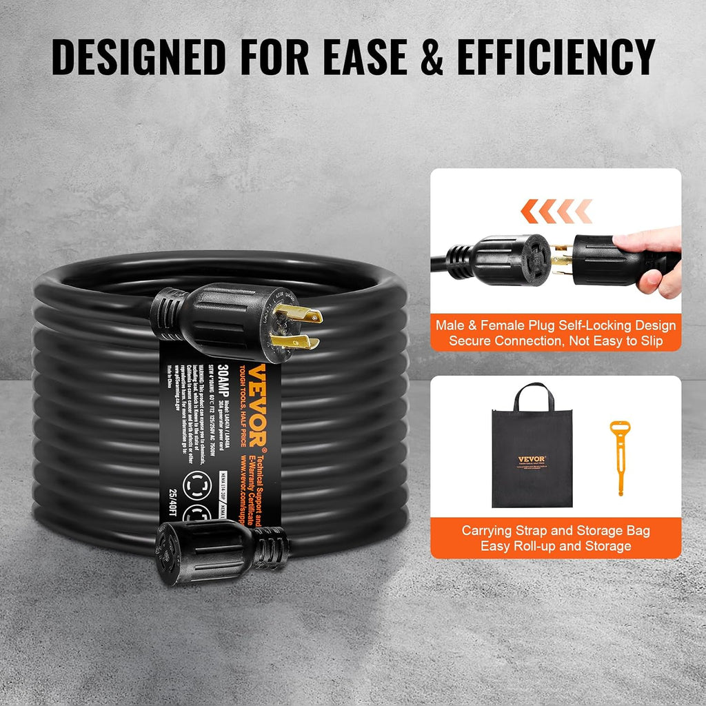 VEVOR 30 Amp Generator Cord and Power Inlet Box Kit, 40 FT Generator Extension Cord NEMA L14-30P/L14-30R STW 10 AWG with Twist Lock Connector, Pre-Drilled Inlet Box, ETL Listed