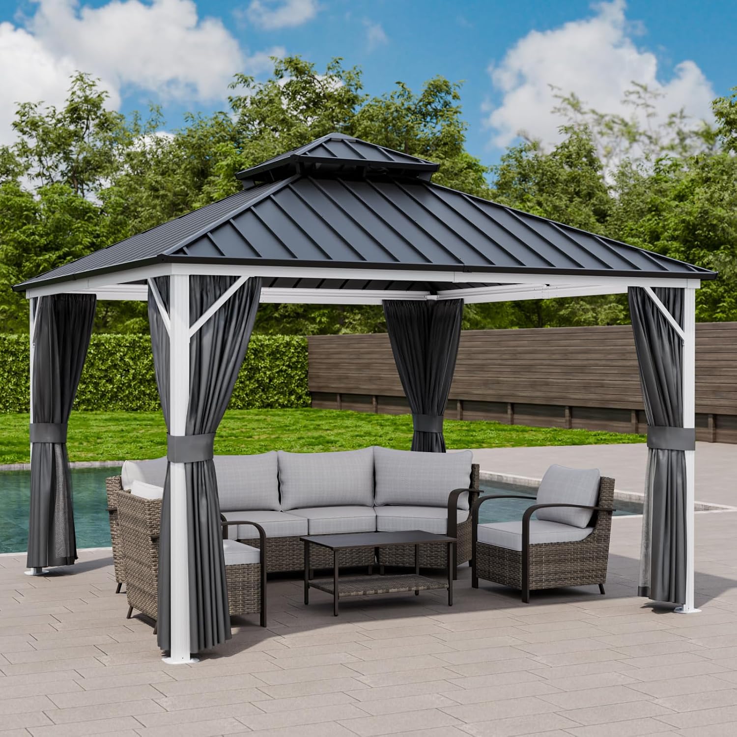 EAGLE PEAK 12x12 Hardtop Gazebo, Galvanized Steel Double Roof with Aluminum Frame, Outdoor Pavilion with Netting and Curtains for Patio, Deck, Lawn and Garden, White/Gray