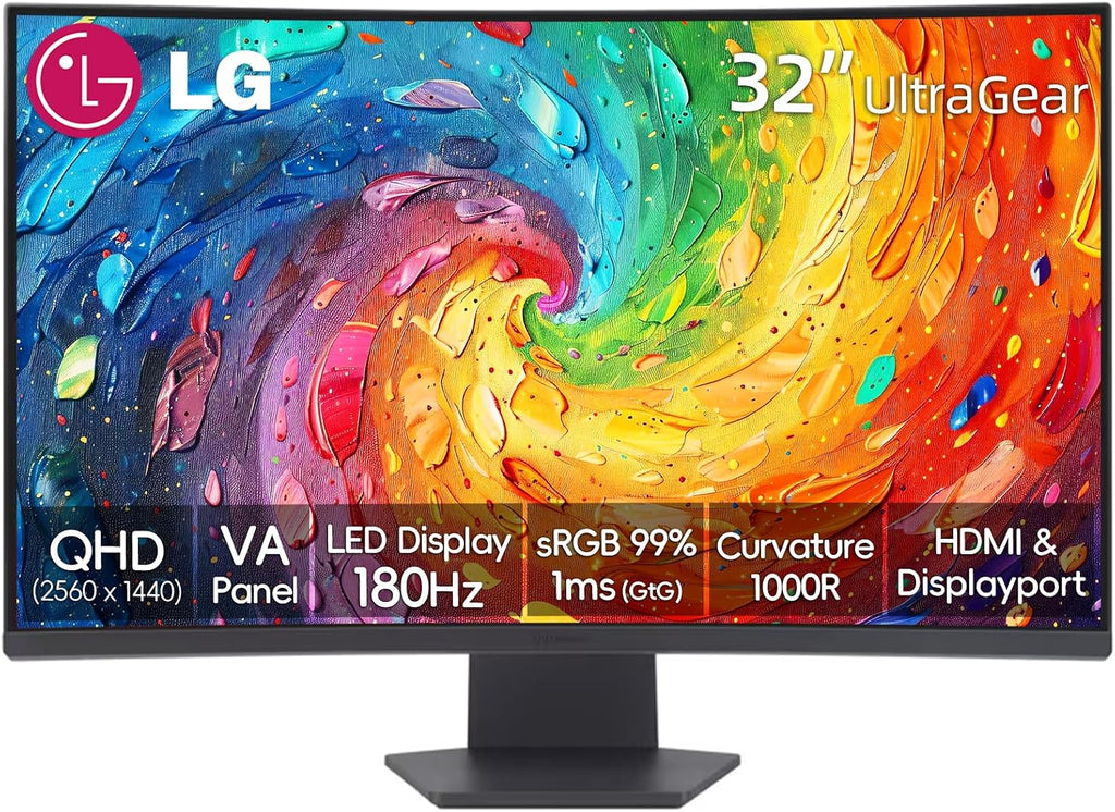 LG 32 Inch UltraGear QHD Curved Gaming Monitor, 180Hz, 1ms, AMD FreeSync, HDR10, 99% sRGB, 1000R Curve, Black Stabilizer, Dual Controller, HDMI & DisplayPort, 3-Side Borderless, Tilt Adjustment, Black