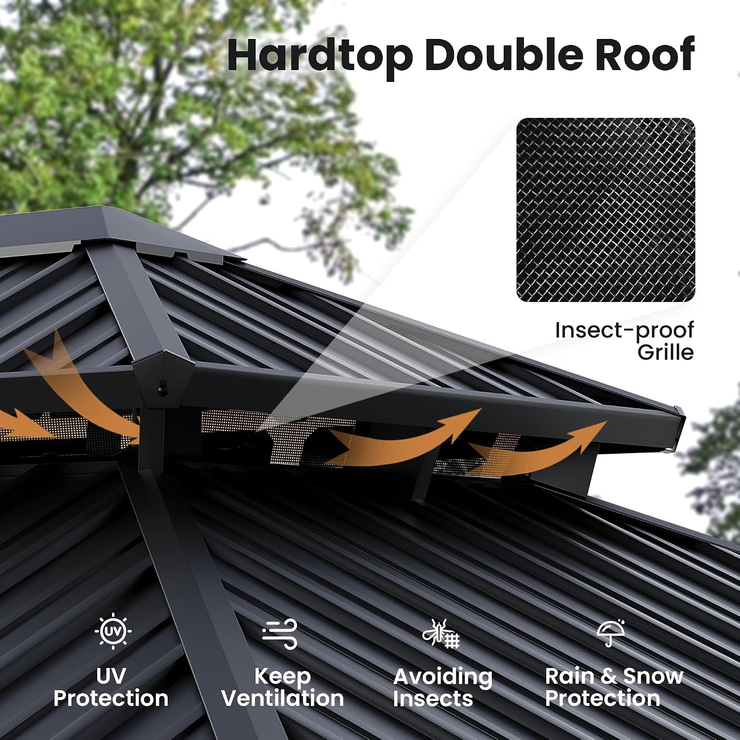 COSIEST 12X16 FT Hardtop Gazebo Rustproof Double Roof Big Size Metal Gazebo with Woodgrain Steel Columns & Netting Curtains Poolside,Deck,BBQ Area (Wooden Look)