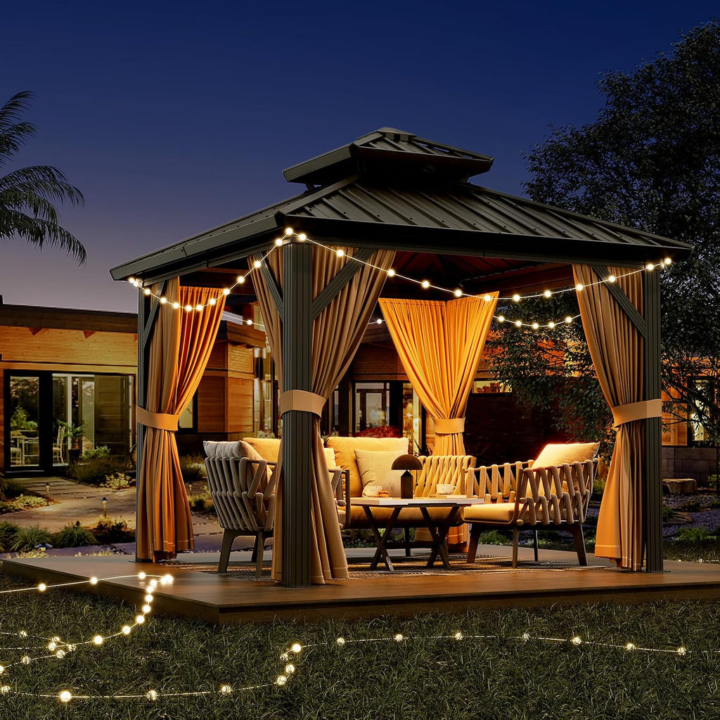 GarveeLife 10x10 ft Hardtop Gazebo, Aluminum Double Roof Gazebos with Netting and Curtains, Outdoor Permanent Gazebo for Garden, Patio, Backyard, Deck, Lawns (Brown, 10x10 ft)