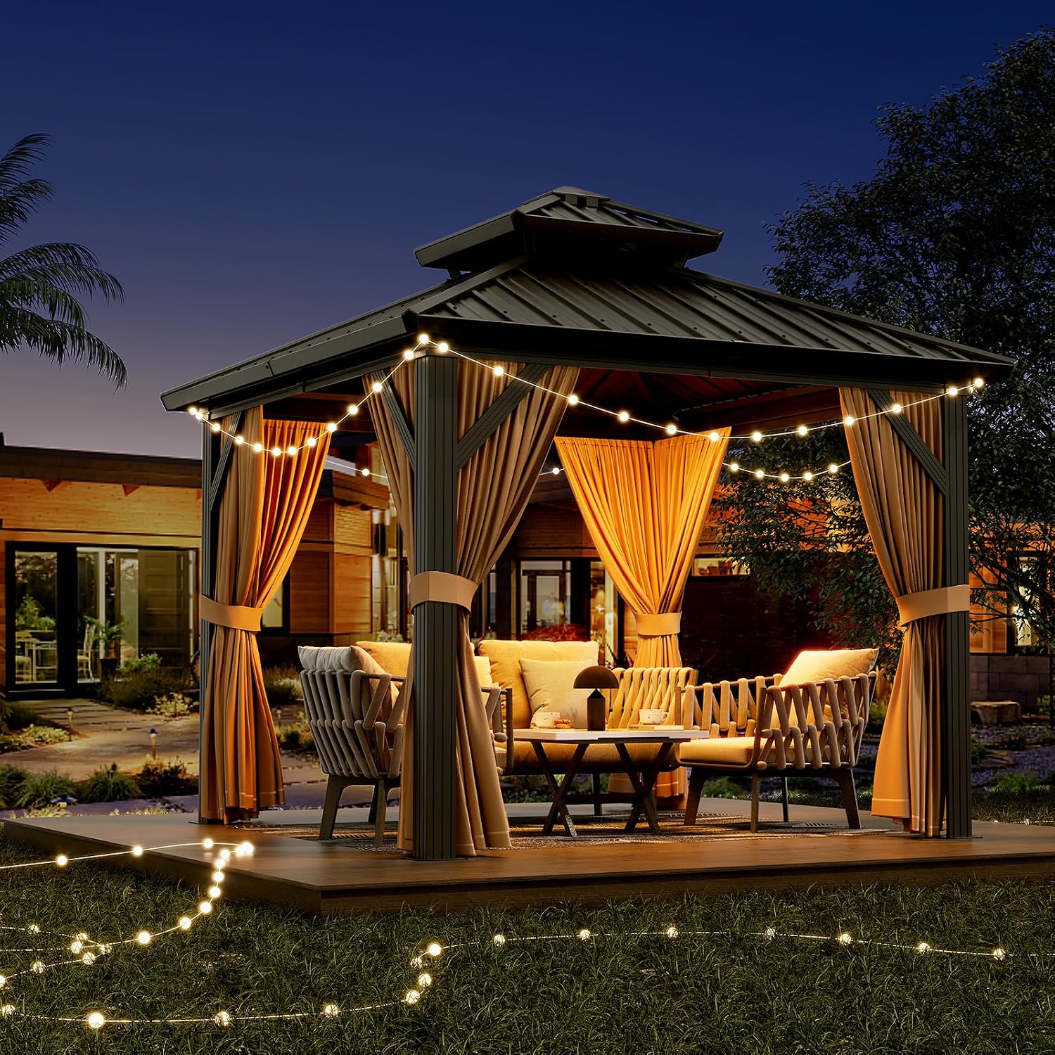 GarveeLife 10x10 ft Hardtop Gazebo, Aluminum Double Roof Gazebos with Netting and Curtains, Outdoor Permanent Gazebo for Garden, Patio, Backyard, Deck, Lawns (Brown, 10x10 ft)