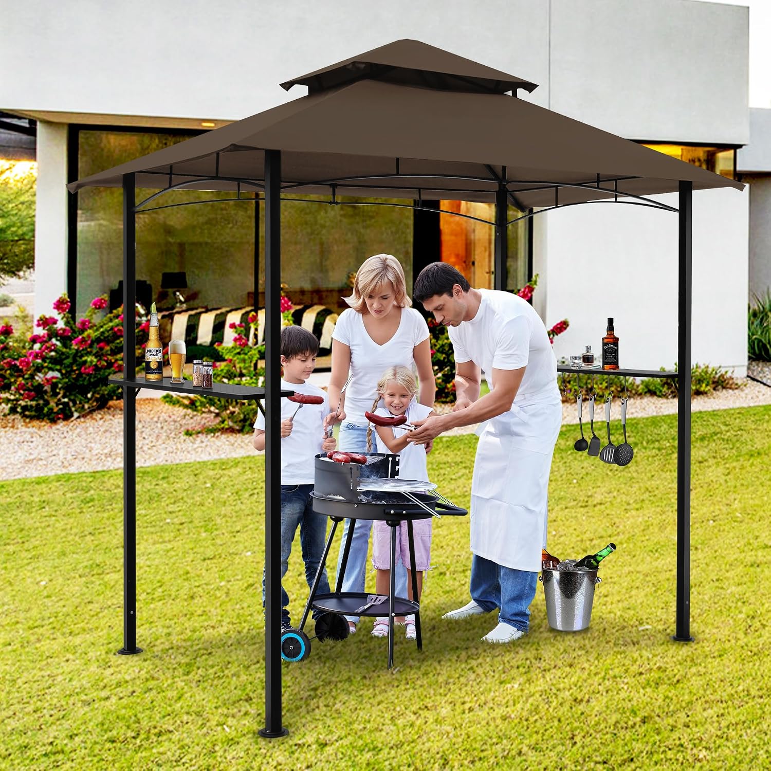 8'x 5' Grill Gazebo Canopy, Outdoor BBQ Gazebo with Led Light, Barbeque Gazebos Shelter for Patio (Brown)