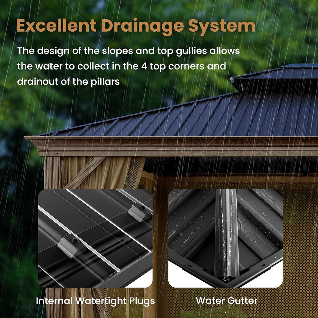 COSIEST 12X16 FT Hardtop Gazebo Rustproof Double Roof Big Size Metal Gazebo with Woodgrain Steel Columns & Netting Curtains Poolside,Deck,BBQ Area (Wooden Look)