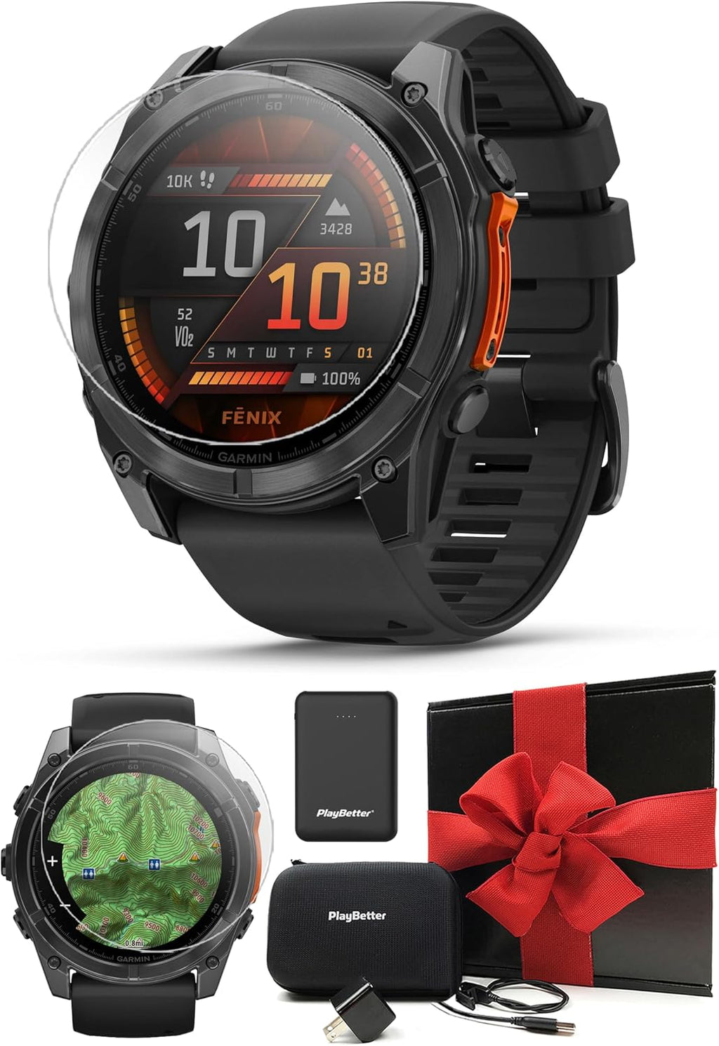 Garmin Fenix 8 AMOLED (51mm, Slate Gray/Black) Multisport GPS Smartwatch Gift Box Bundle - 1.4' Touchscreen, Built-in LED Flashlight with PlayBetter Charger, Screens, Adapter, Case