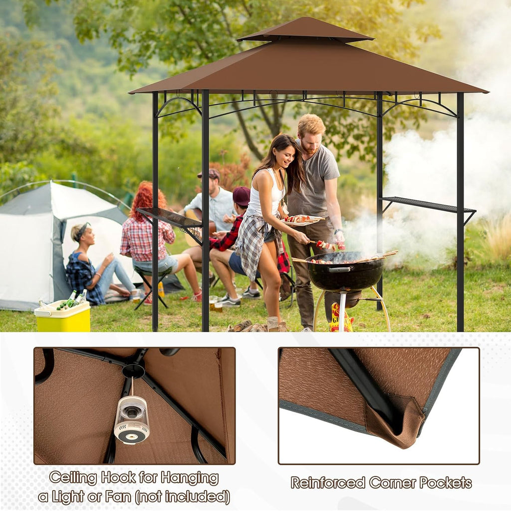 Tangkula 8x5 Ft Grill Gazebo, 2-Tier Barbecue Gazebo with 2 Shelves, 7 Hooks, Metal Frame, Outdoor Grill Canopy for Backyard Garden Poolside (Coffee)