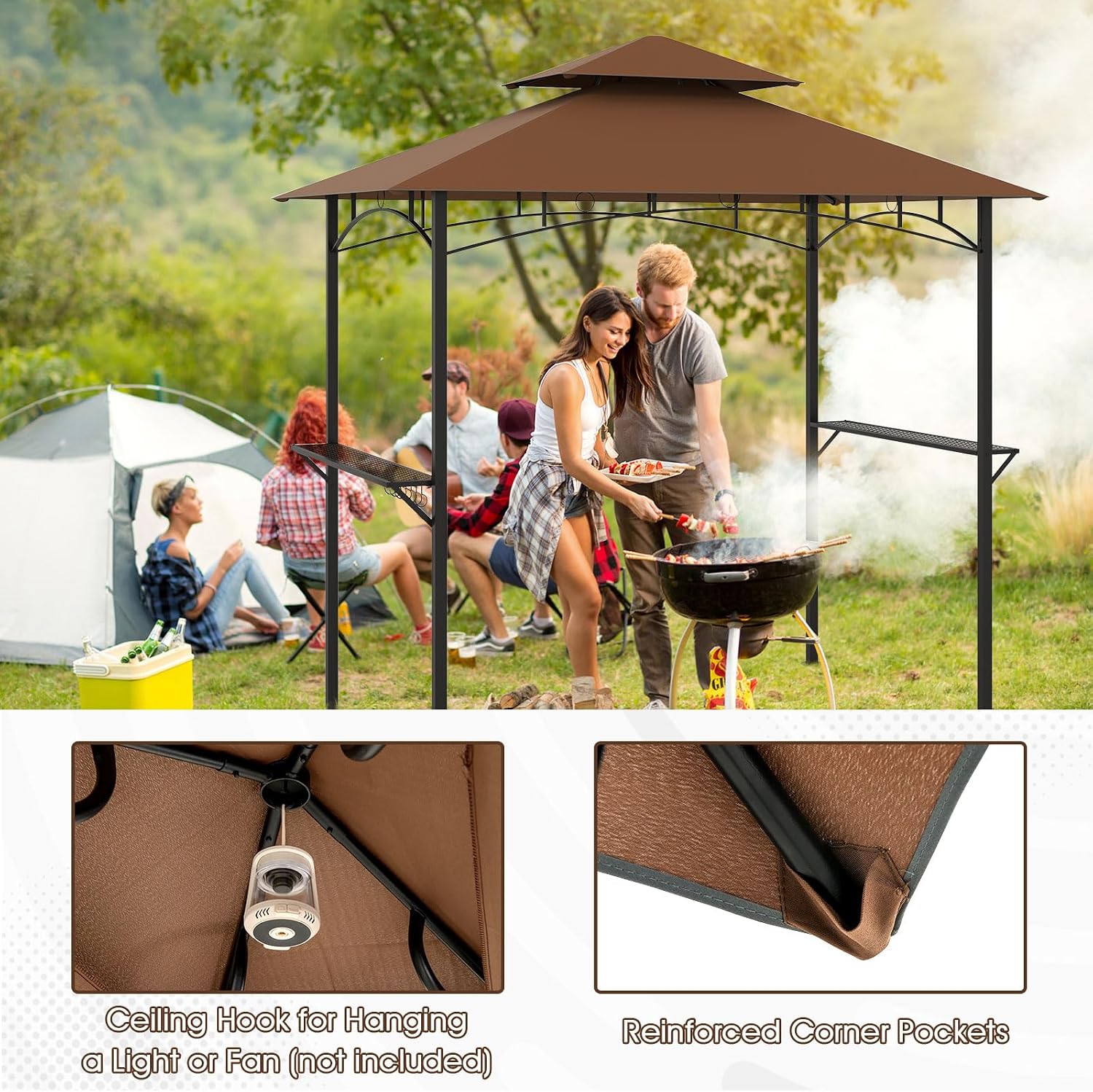 Tangkula 8x5 Ft Grill Gazebo, 2-Tier Barbecue Gazebo with 2 Shelves, 7 Hooks, Metal Frame, Outdoor Grill Canopy for Backyard Garden Poolside (Coffee)