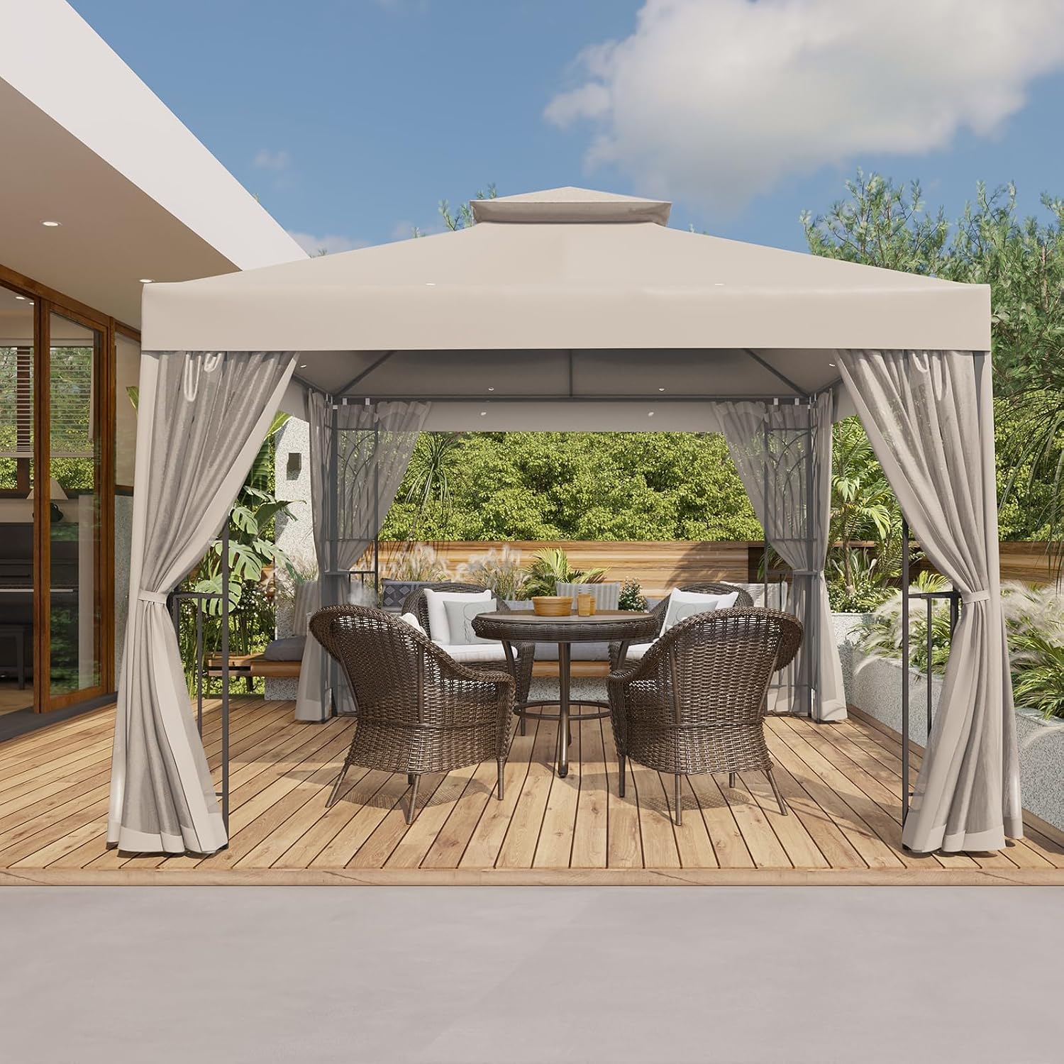 COOS BAY 10x10 Patio Gazebo with Corner Shelves, Two Tier Soft Top Canopy with Mesh Netting for Backyard, Garden, Lawn, Outdoor Events, Beige