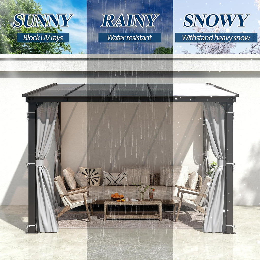 COVERONICS 10' X 10' Outdoor Polycarbonate Lean to Gazebo - Wall-Mounted Aluminum Frame Gazebo with Slope Hardtop, Patio Heavy-Duty Lean to Pergola with Netting & Curtains for Garden, Backyard, Deck
