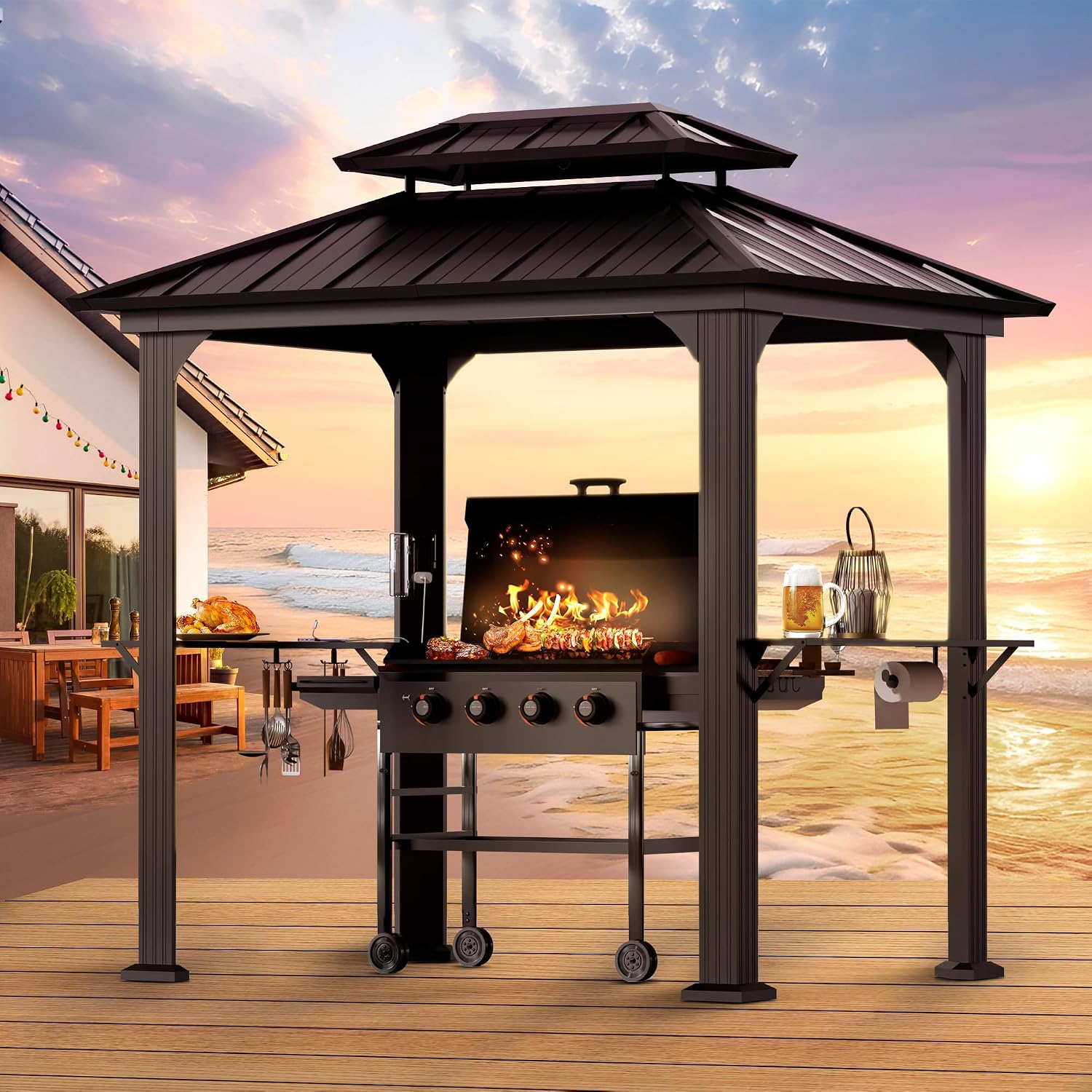 Big Leaf 6' x 8' Grill Gazebo with Aluminum Frame, Galvanized Steel Roof, Side Shelves, Paper Towel Holder, and USB/USB-C Charging Ports – Ideal BBQ Canopy for Patio