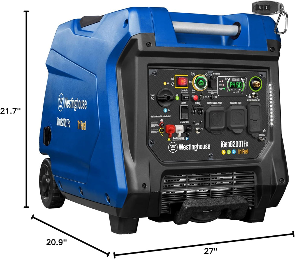 Westinghouse 8200 Peak Watt Tri-Fuel Portable Inverter Generator, Remote Electric Start, Transfer Switch Ready, Gas, Propane, Natural Gas, Low THD, Safe for Electronics, Parallel Capable, CO Sensor