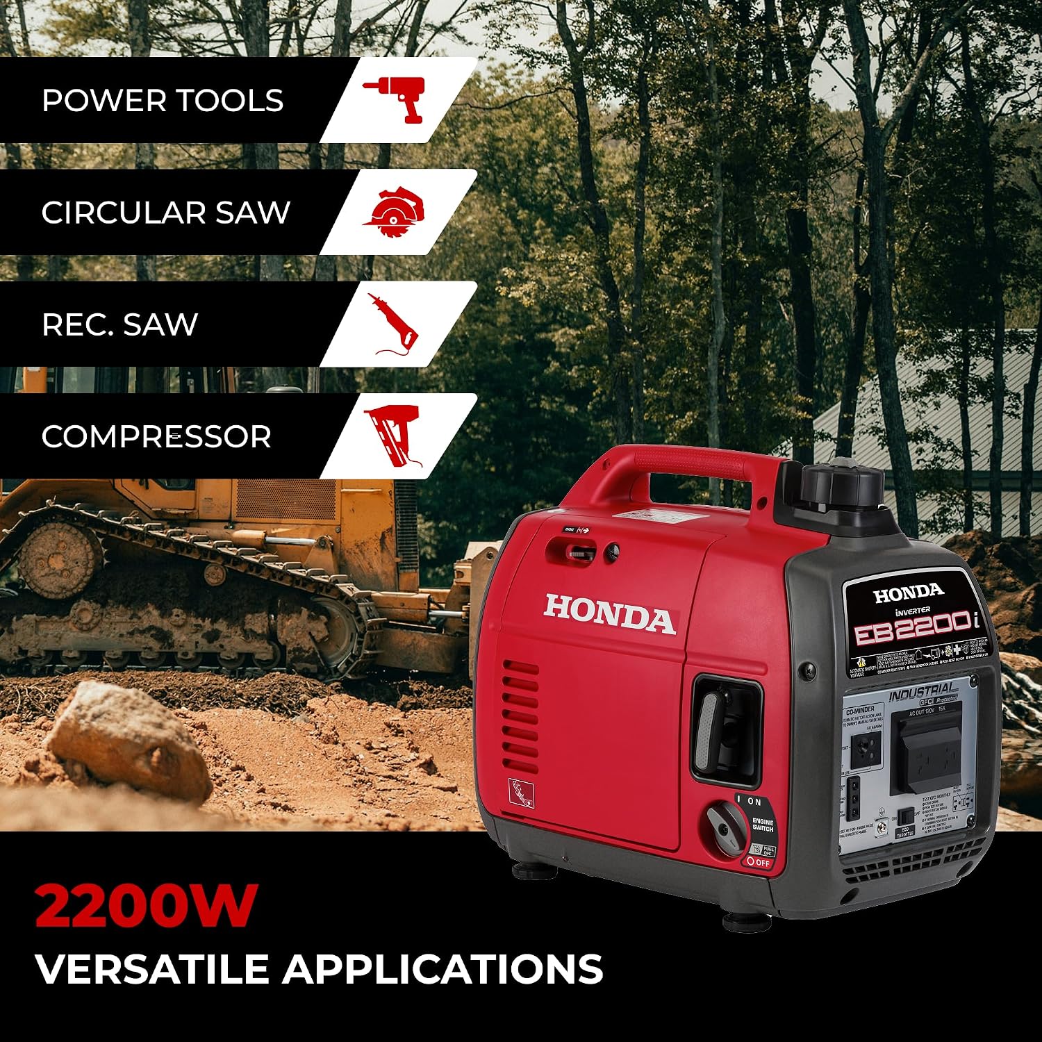 Honda EB2200i 2200 Watt Inverter Generator, Super Quiet 120V Gas Powered OSHA-Compliant Outdoor Portable Generator for Construction Site or Backup Power Supply, Up to 8.1 Hour Run Time (EB2200ITA)