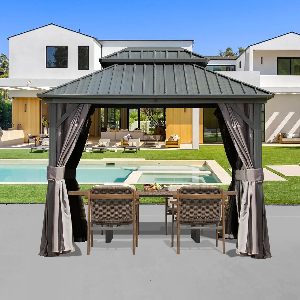 Domi 8' x 10' Hardtop Gazebo Permanent Metal Gazebo with Galvanized Steel Double Roof, Curtains and Netting for Party, Wedding, Outdoor Dining, Patio, Backyard, Grey