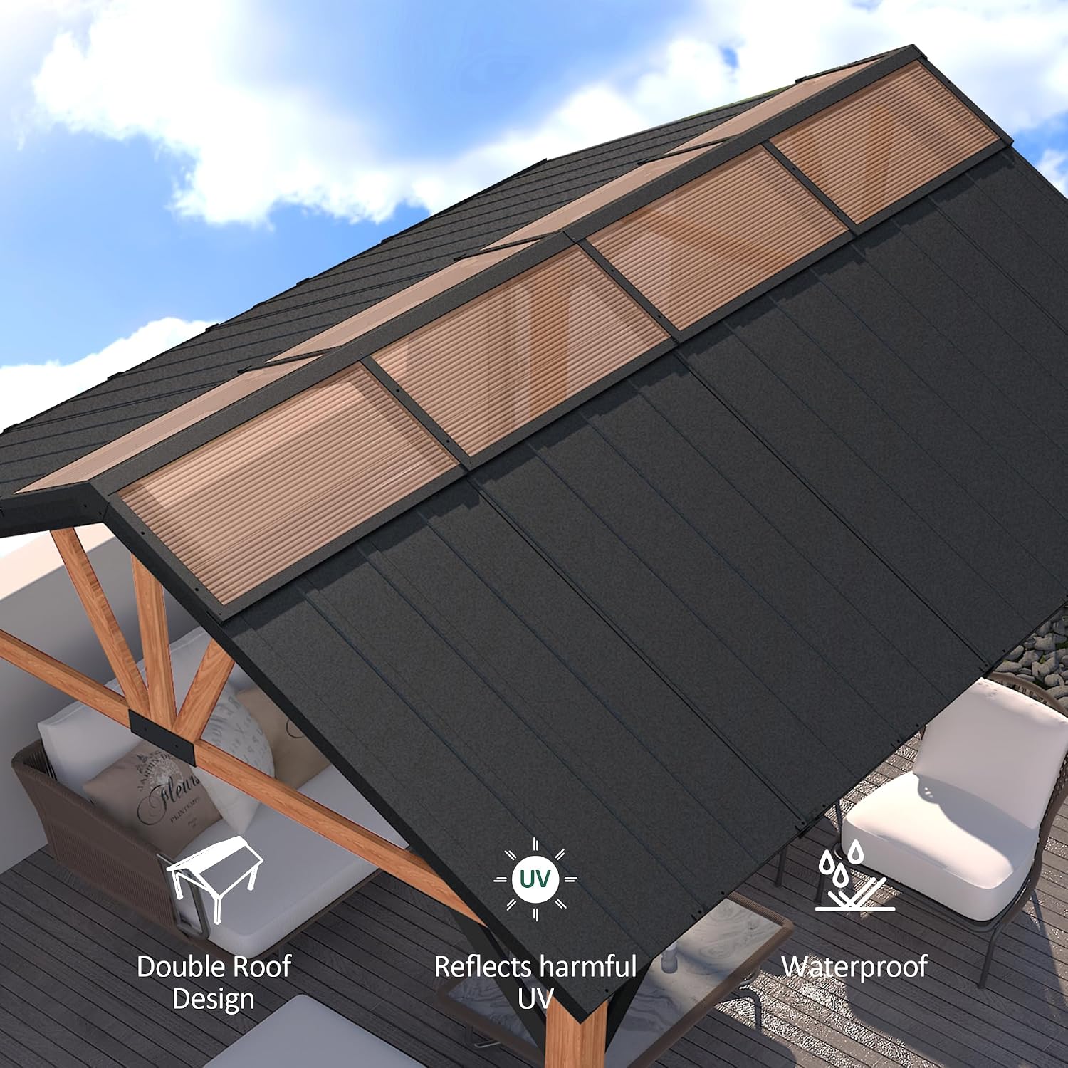 MACROUT 11'x13' Hardtop Gazebo with Gabel Roof Canopy and Aluminium Frame, Outdoor Grill Gazebo Pergola for Patio, Backyard and Party, 4944 (Gable Roof + Brown Frame, 11'x13')