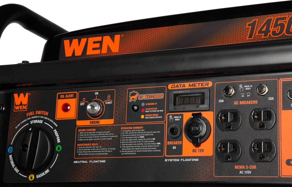 WEN 14,500-Watt 120V/240V Tri-Fuel Generator for Gas, Propane, and Natural Gas, Transfer-Switch Ready with Electric Start, Wheel Kit, and CO Watchdog (TF-1450X), Black & Red