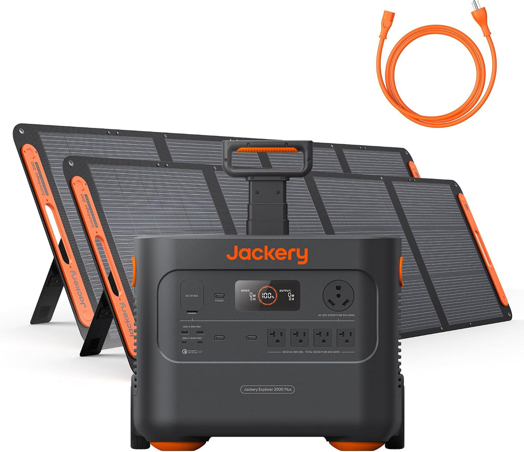 Jackery Explorer 2000 Plus Portable Power Station with 2x 200W Solar Panels and AC Cable, 2042Wh LiFePO4 Solar Generator, 3000W AC Output, Expandable to 24kWh, UPS Home Backup for Camping RV Emergency
