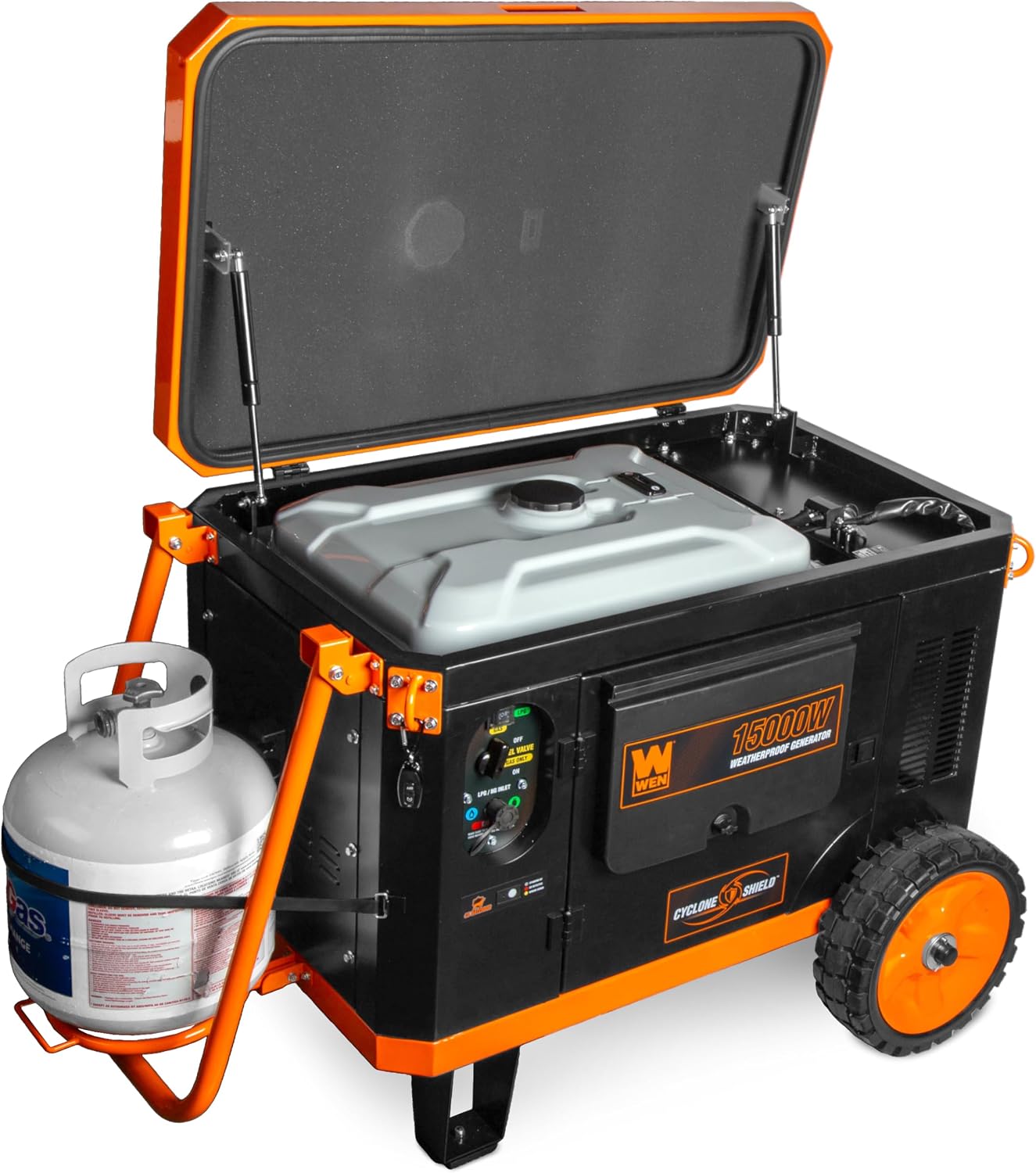 WEN 15000-Watt Weatherproof Home Backup Portable Generator, 120V/240V, Tri-Fuel with Cyclone Shield Weatherproofing Technology, 550cc Engine, Remote Electric Start, Wheel Kit, & CO Watchdog (TF1500XR)
