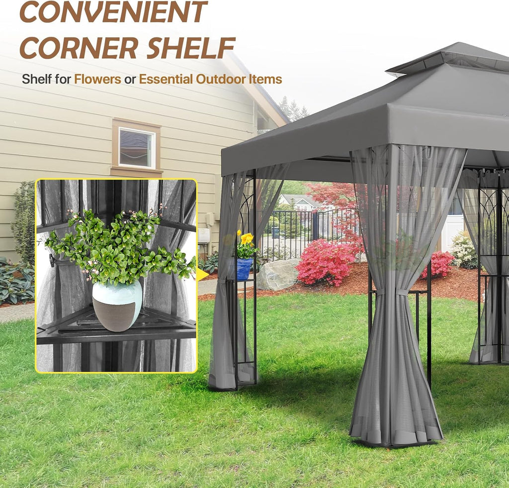 COOS BAY 10x10 Patio Gazebo with Corner Shelves, Two Tier Soft Top Canopy with Mesh Netting for Backyard, Garden, Lawn, Outdoor Events, Gray