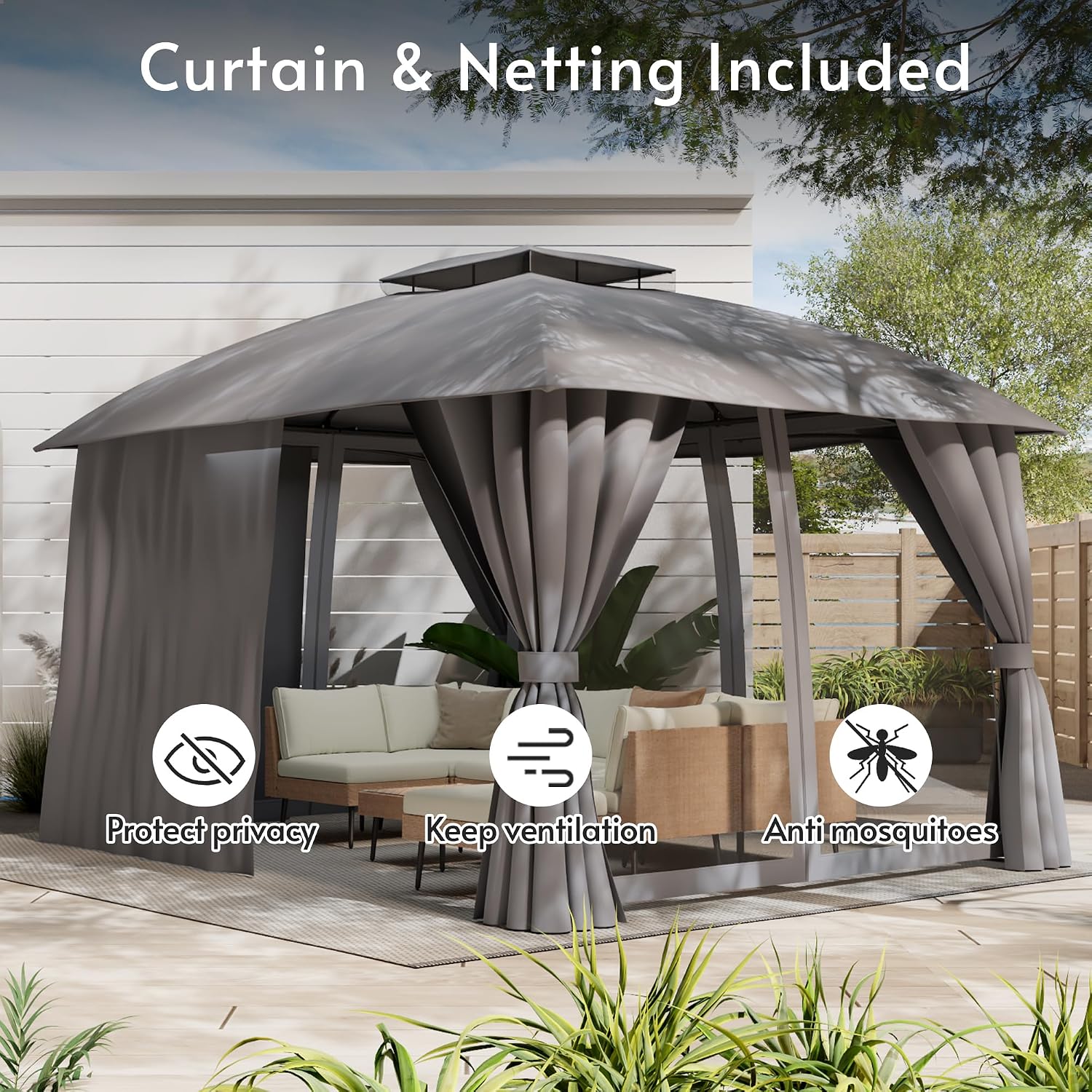 Gazebo 10x12(Canopy Size) with Mosquito Netting & Privacy Screens. Double Roof Design Outdoor Gazebo with Trapezoidal Support System for Patio, Deck, Backyard, Garden & Lawns