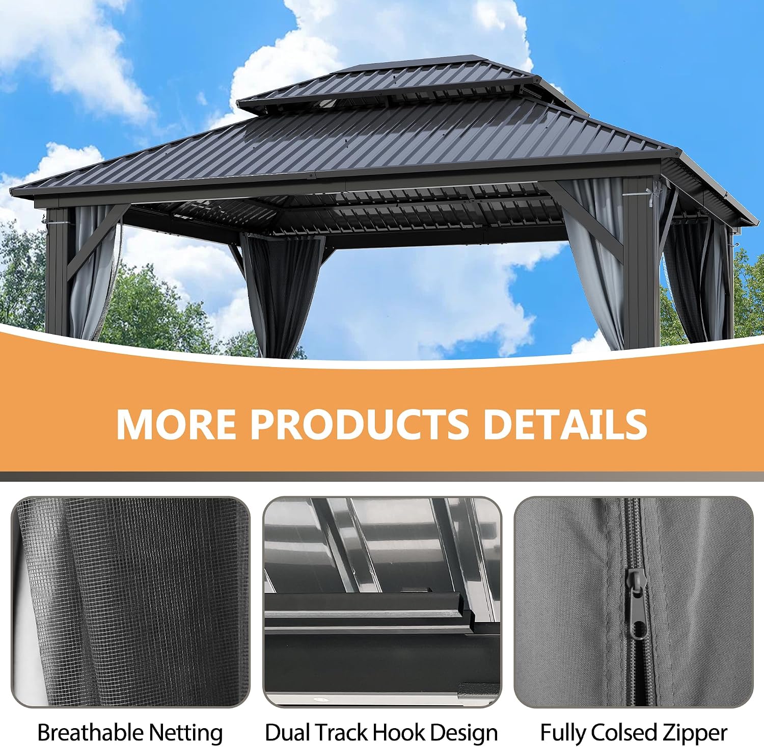 10'x12' Hardtop Gazebo, Outdoor Double Roof Galvanized Steel Gazebo, Aluminum Frame Permanent Pavilion with Curtains & Netting for Backyard, Patio, Deck (Galvanized Steel Top, 10x12 FT)