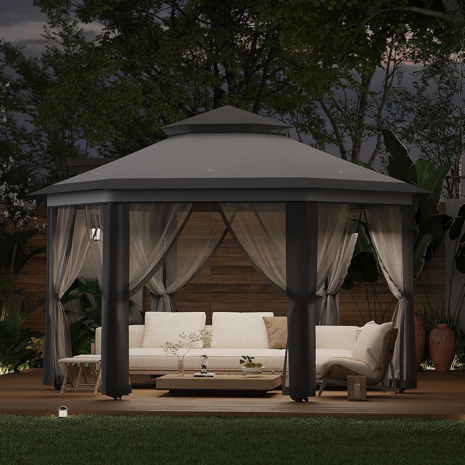 Pop-Up Gazebo 13 * 13 ft 6 Sided, Canopy Tent with Mesh Windows & Portable Carry Bag, Adjustable Tent Outdoor Pergola for Backyard & Patio Furniture (Light Grey + Dark Grey)