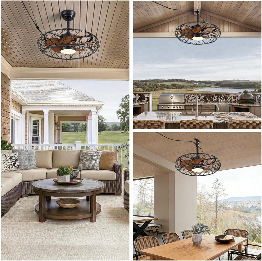 24' Outdoor Ceiling Fan with Lights Hanging Plug in Caged Outdoor Fan Remote APP Control 3CCT Dimmable, Quiet Reversible DC Motor Waterproof for Patio Pergola Porch Canopy Walnut