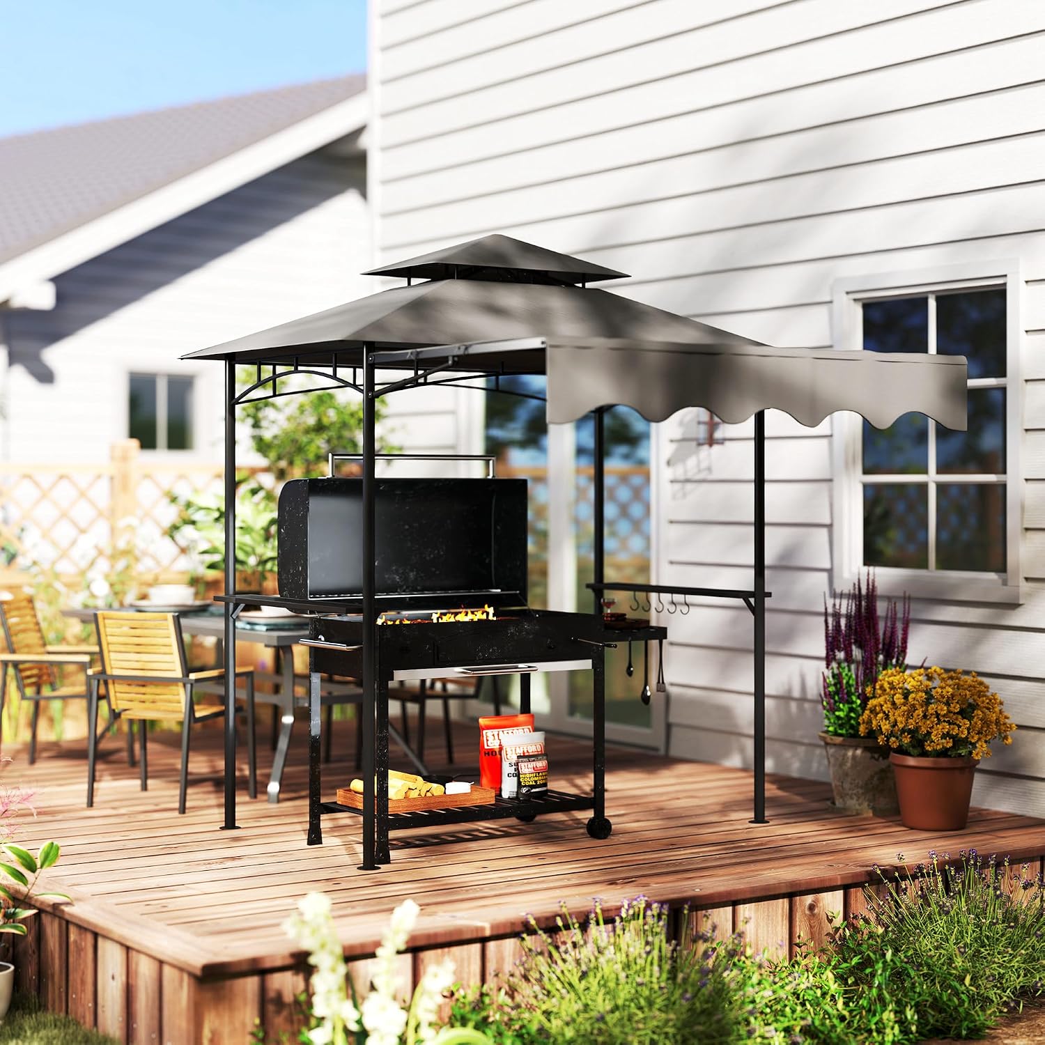 Outsunny 8' x 7.6' Grill Gazebo, Double Tiered Outdoor BBQ Gazebo with Side Awning, 2 Side Shelves and 6 Hooks for Patio, Deck, Yard, Dark Gray