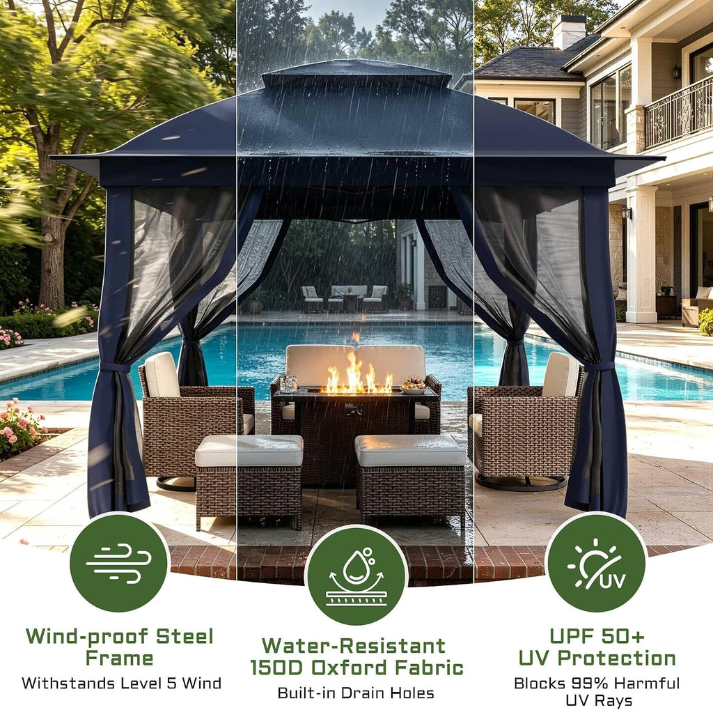 11'X11' Gazebo Pop Up with 4 Sidewalls Mosquito Netting, Heavy Duty Patio Gazebo Canopy Tent with Double Air Roofs for Backyards, Patios, Decks, Gardens, Parks