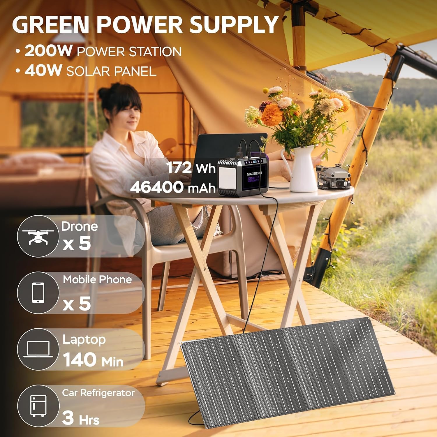 MARBERO 172Wh Solar Generator with 40W Solar Panel, Portable Solar Power Station 200W, Camping, Outdoor, Hiking, Fishing, Emergency, CPAP