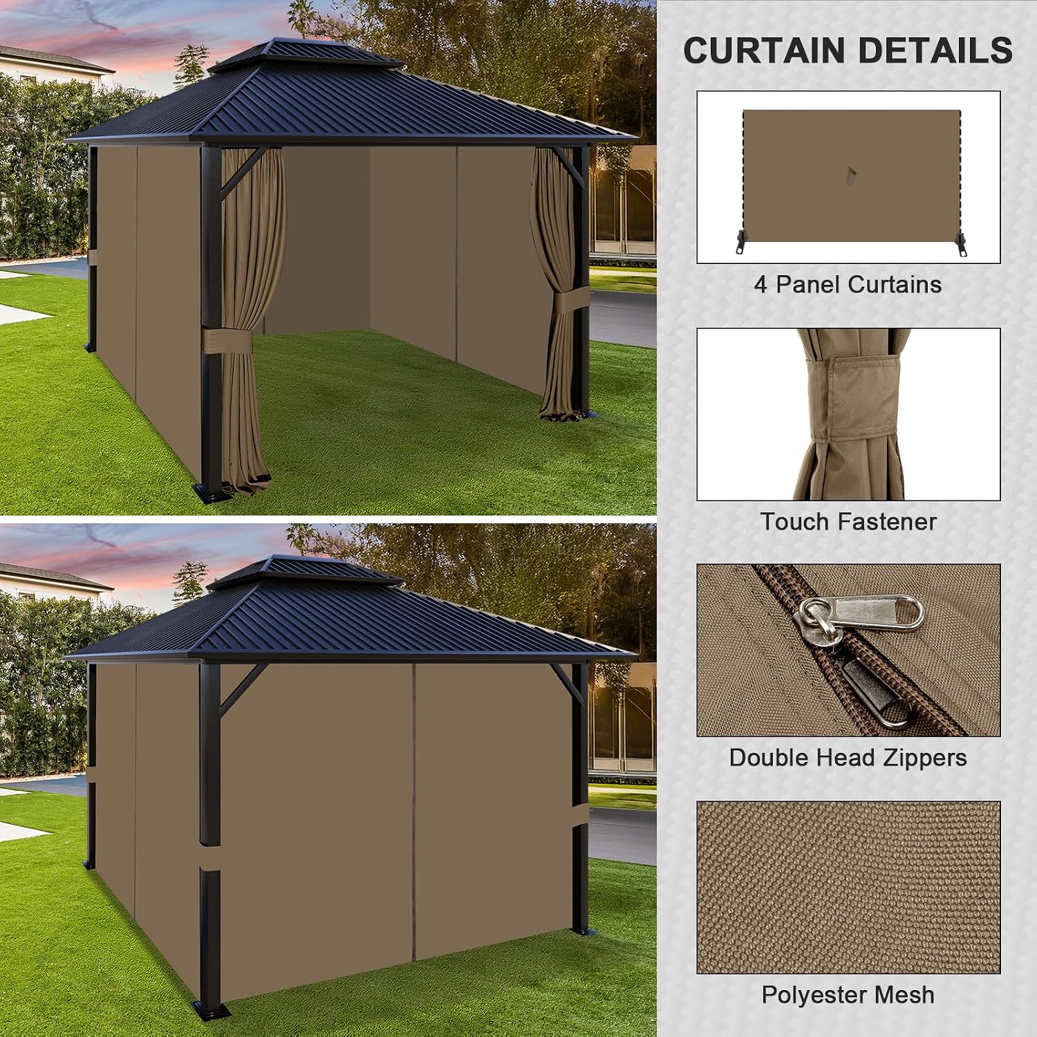 Aoodor 12x14 ft Outdoor Gazebo Curtains, 4 Panels Waterproof Privacy Sidewall Replacement with Zipper for Patio Pergola and Canopy, Light Coffee