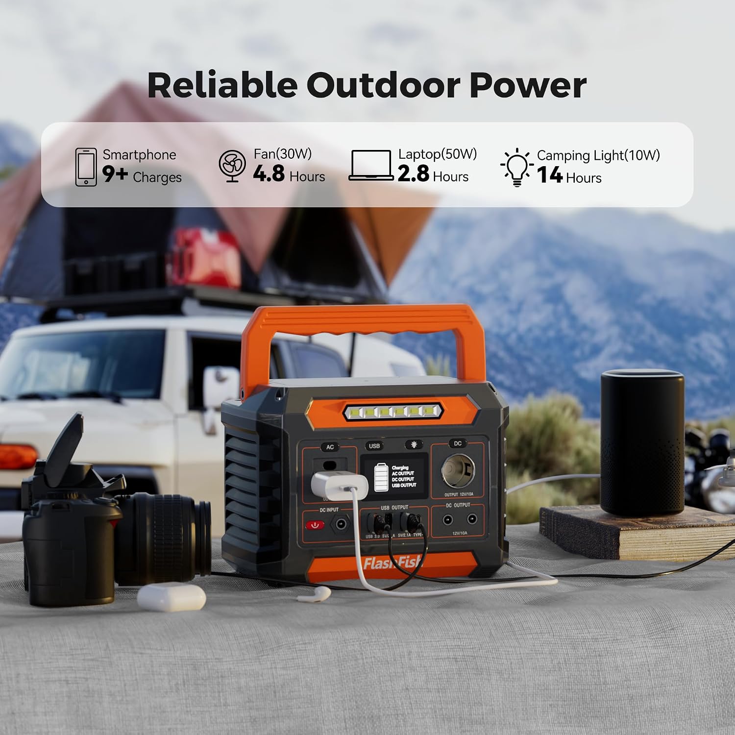 FF Flashfish 144.3Wh with Solar Panel 100W, Solar Generator 200W with AC/DC/USB/Type C/LED Lights, Backup Battery for Camping, Travel and Emergencies