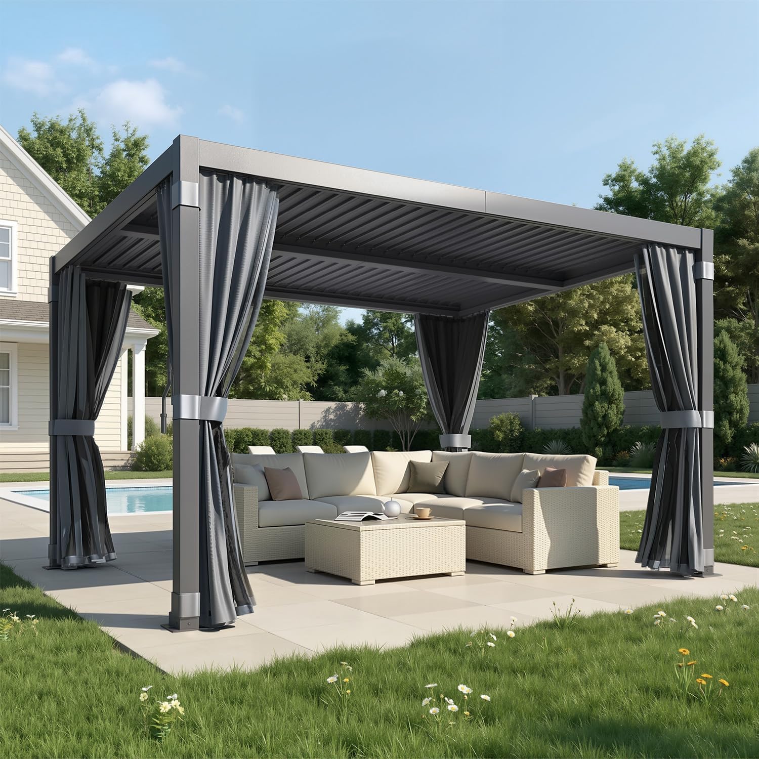 MELLCOM Louvered Pergola 10x12, Steel Aluminum Pergola with Adjustable Louvered Roofs, Outdoor Gazebo with Waterproof Curtains and Nets, Black