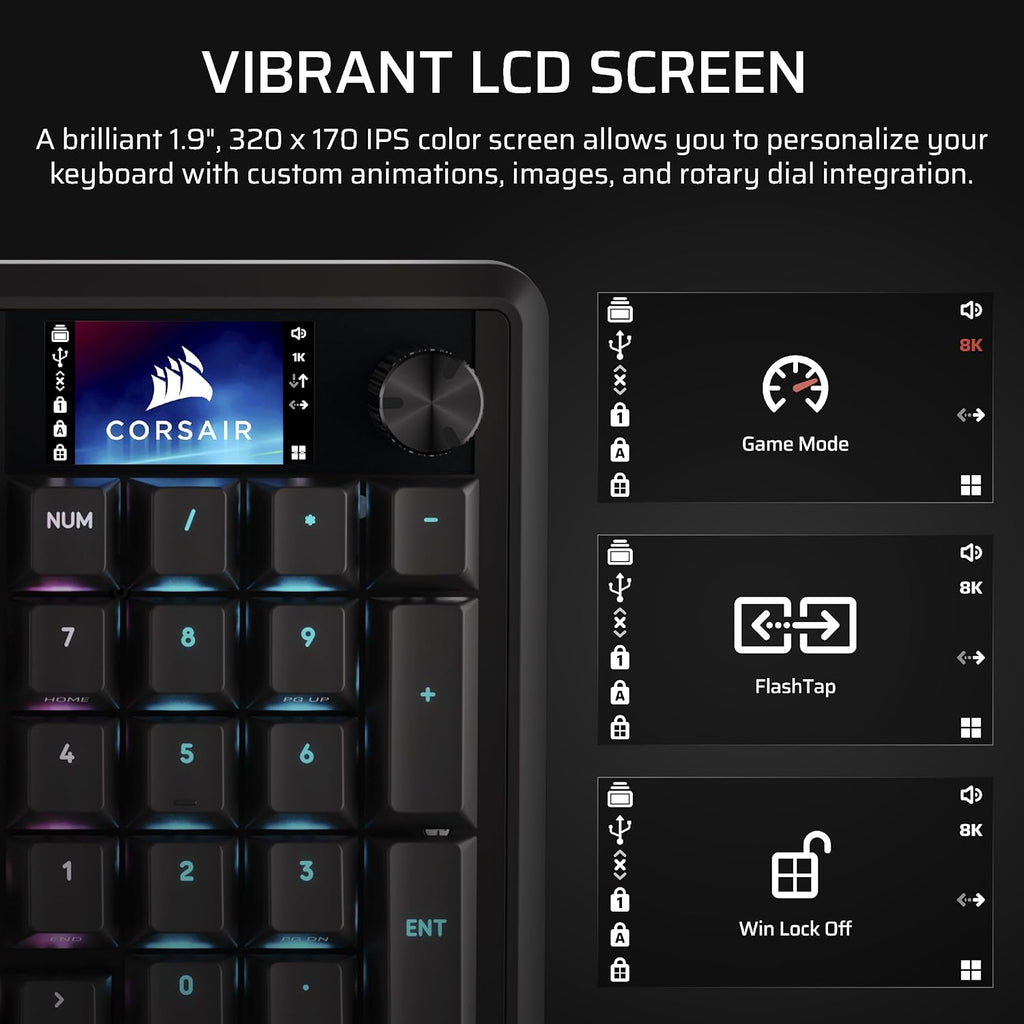 Corsair Vanguard 96 Wired Mechanical Gaming Keyboard – 96% Layout, MLX Fusion Tactile Switches, 8000Hz Polling, LCD Display, Virtual Stream Deck, G-Keys, SOCD Flashtap, QWERTY US – Black